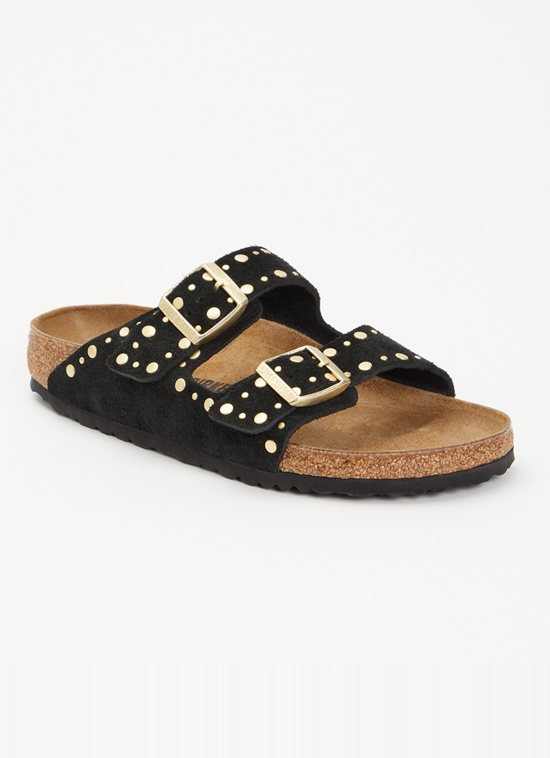 Birkenstock Narrow Fit Arizona slipper van suède met studs - voorkant zwart
