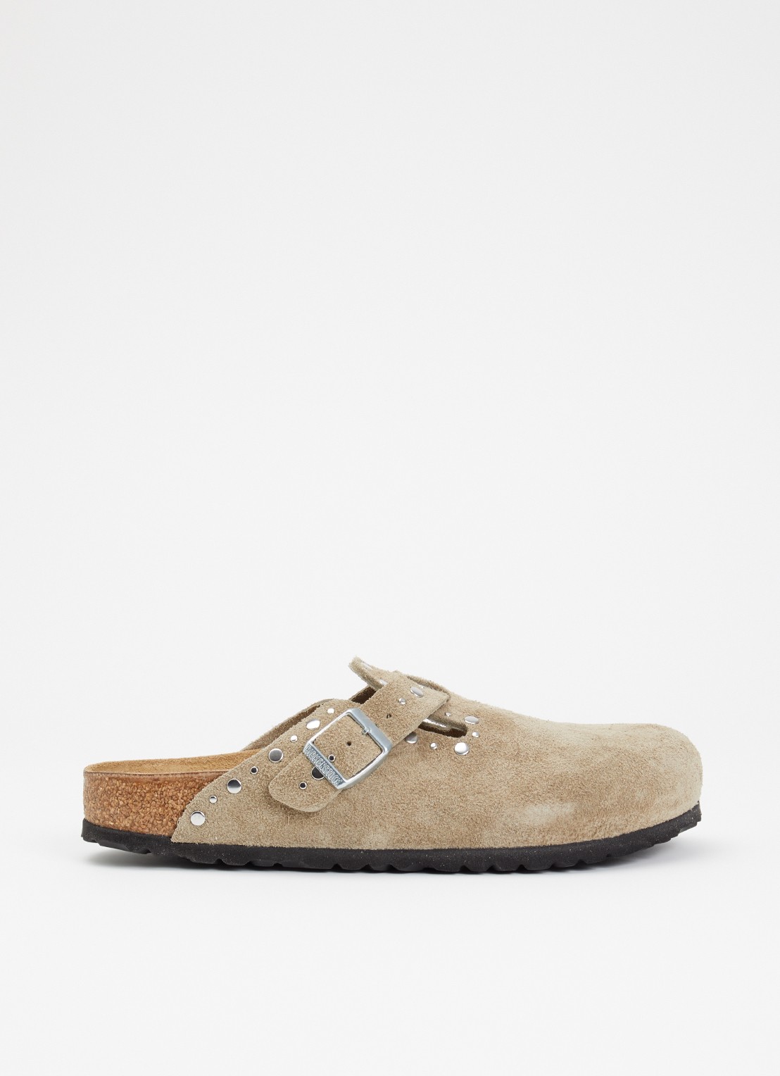 Birkenstock Narrow Fit Boston clog van suède met studs - voorkant taupe