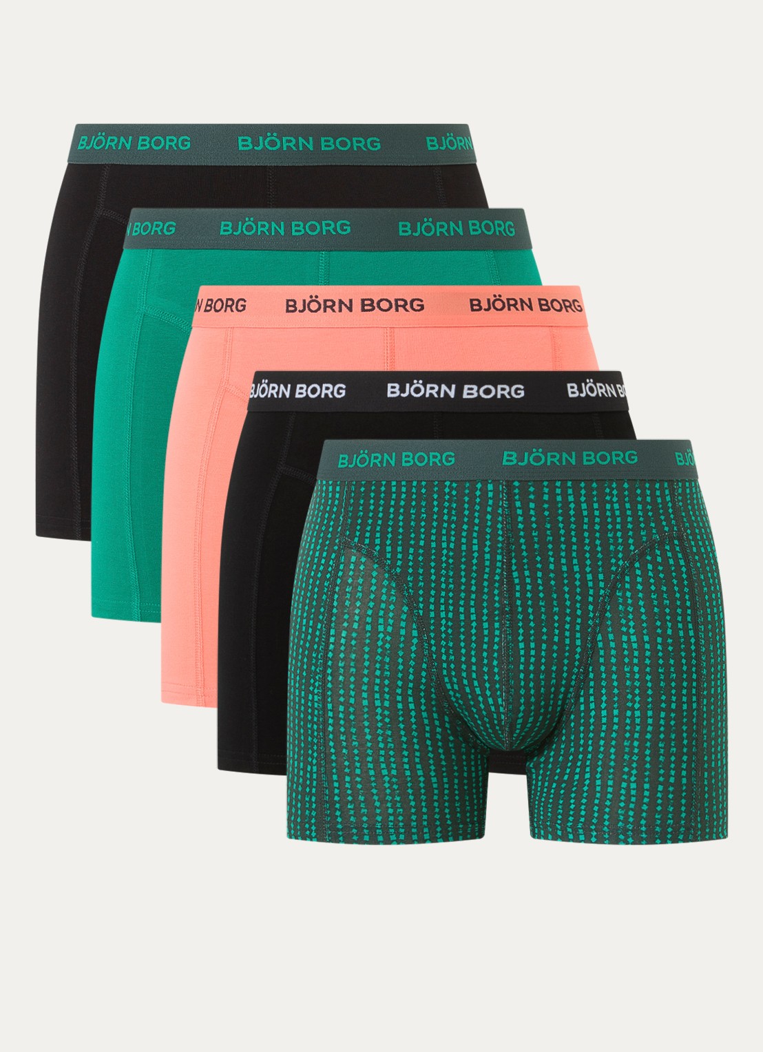 Björn Borg Boxershorts met logoband in 5-pack - voorkant 3 groen