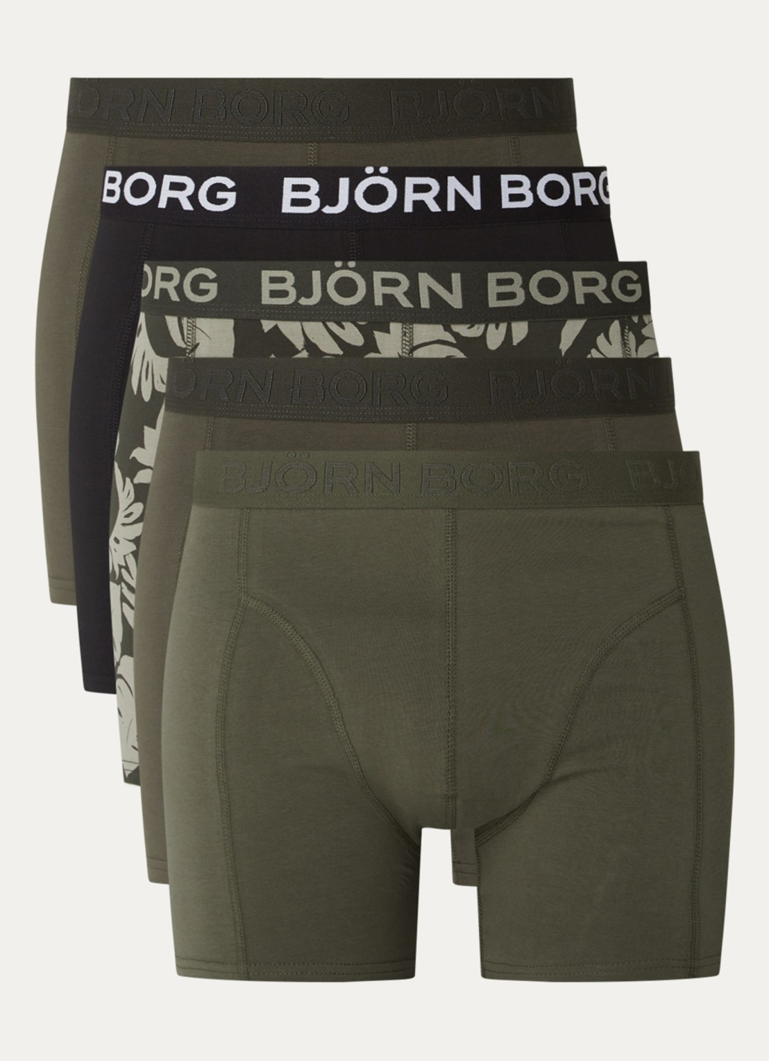 Björn Borg Boxershorts met logoband in 5-pack - voorkant 2 legergroen