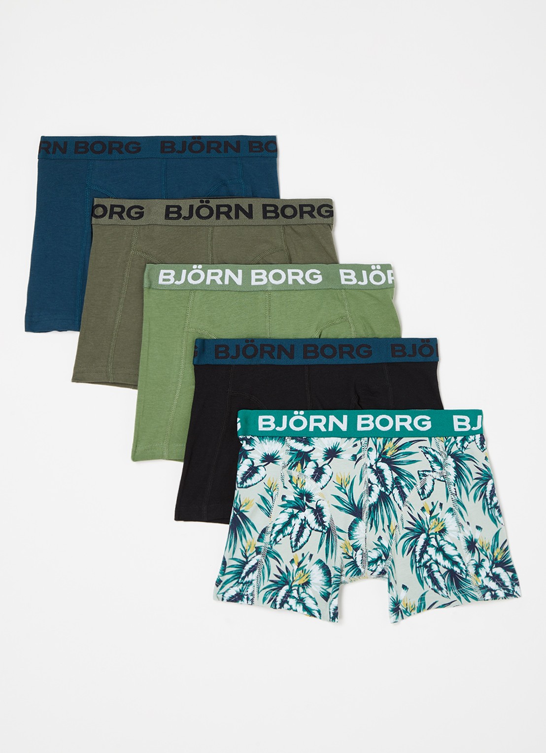 Björn Borg Boxershorts met logoband in 5-pack - voorkant groen