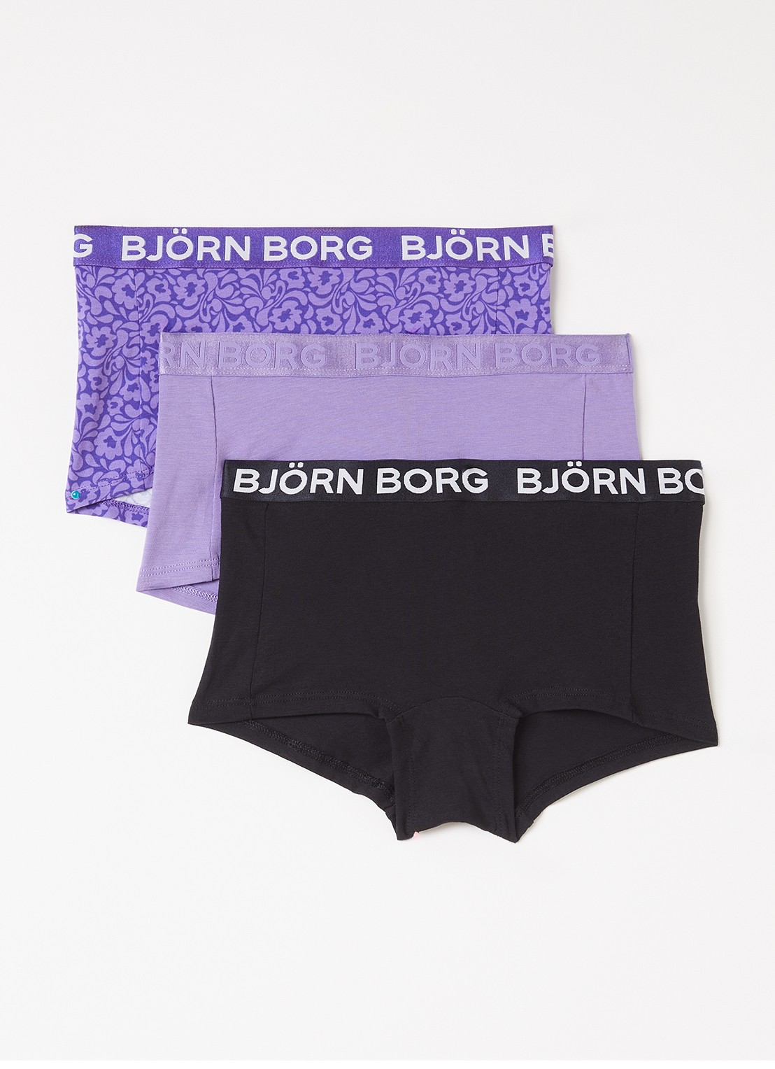 Björn Borg Cotton Stretch boxershorts met logoband in 3-pack - voorkant paars