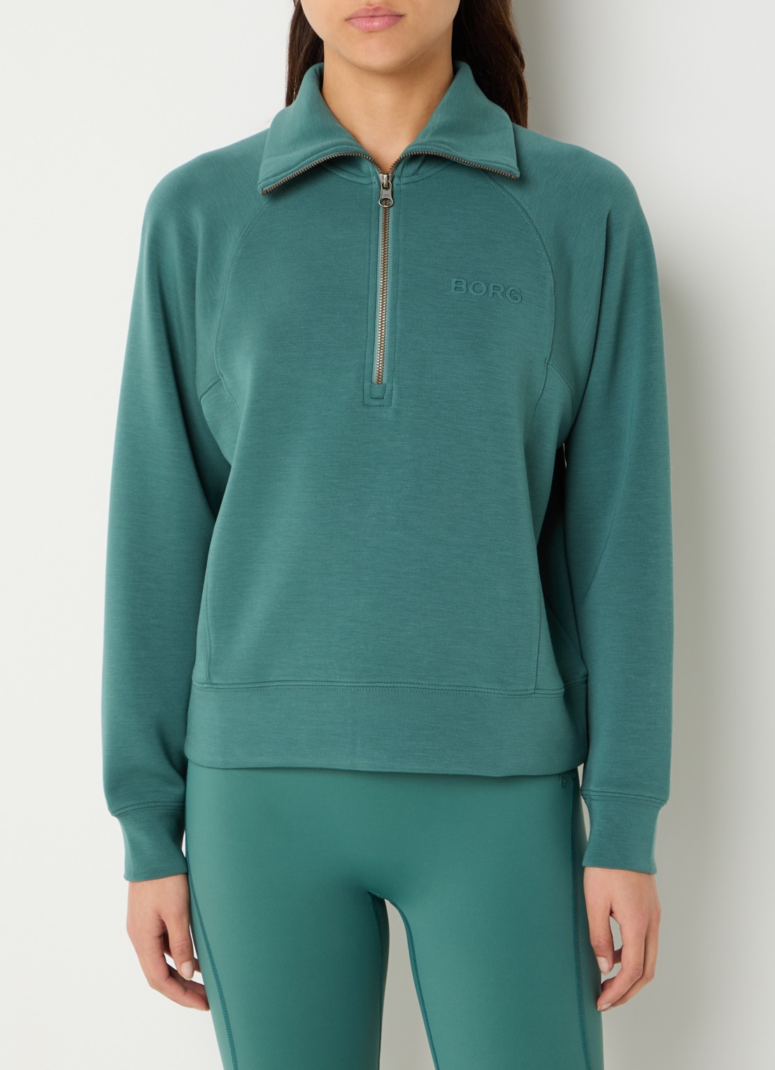 Björn Borg Studio sweater met logo en halve rits - detail 4 zeegroen