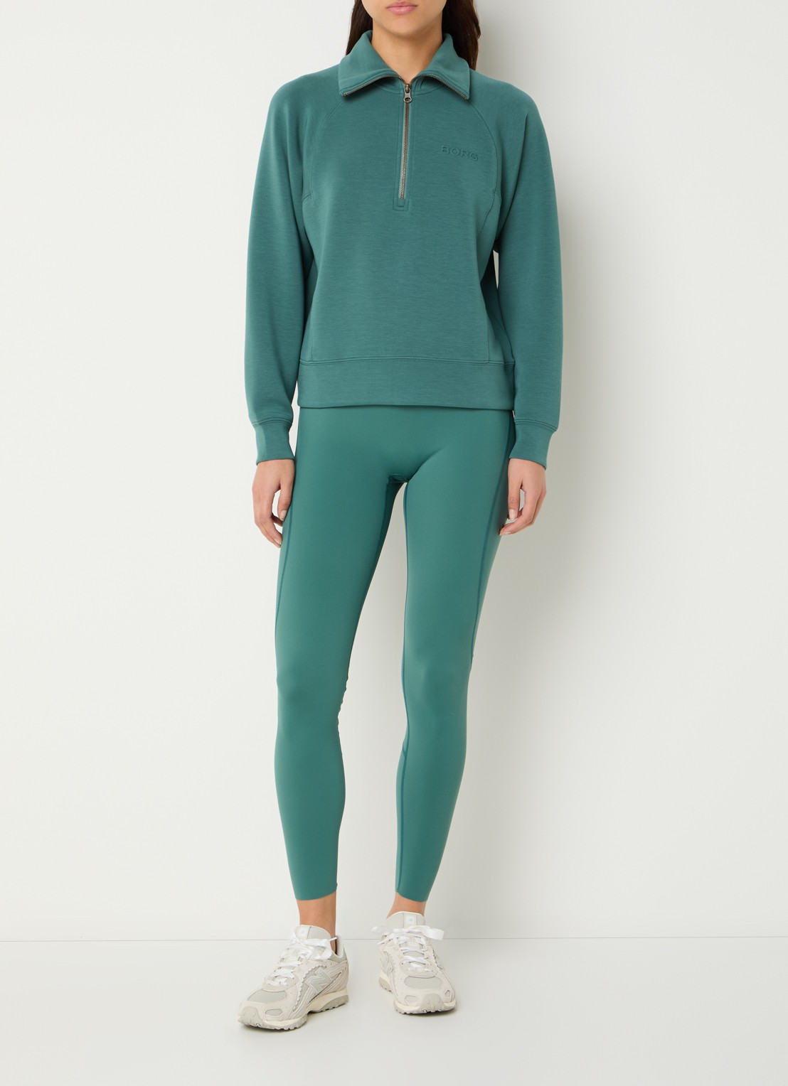 Björn Borg Studio sweater met logo en halve rits - voorkant 3 zeegroen