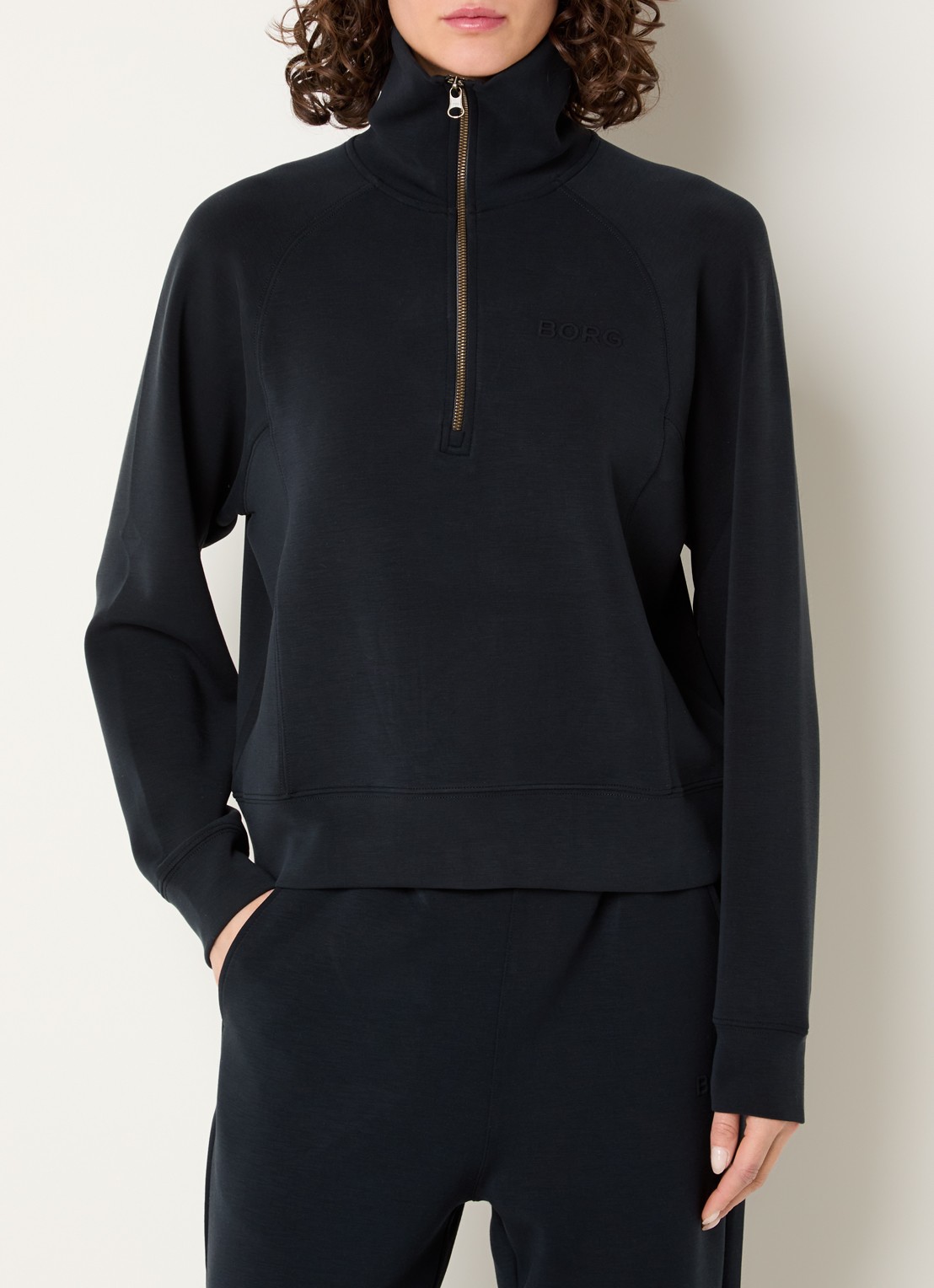 Björn Borg Sweater met logo en halve rits - detail zwart