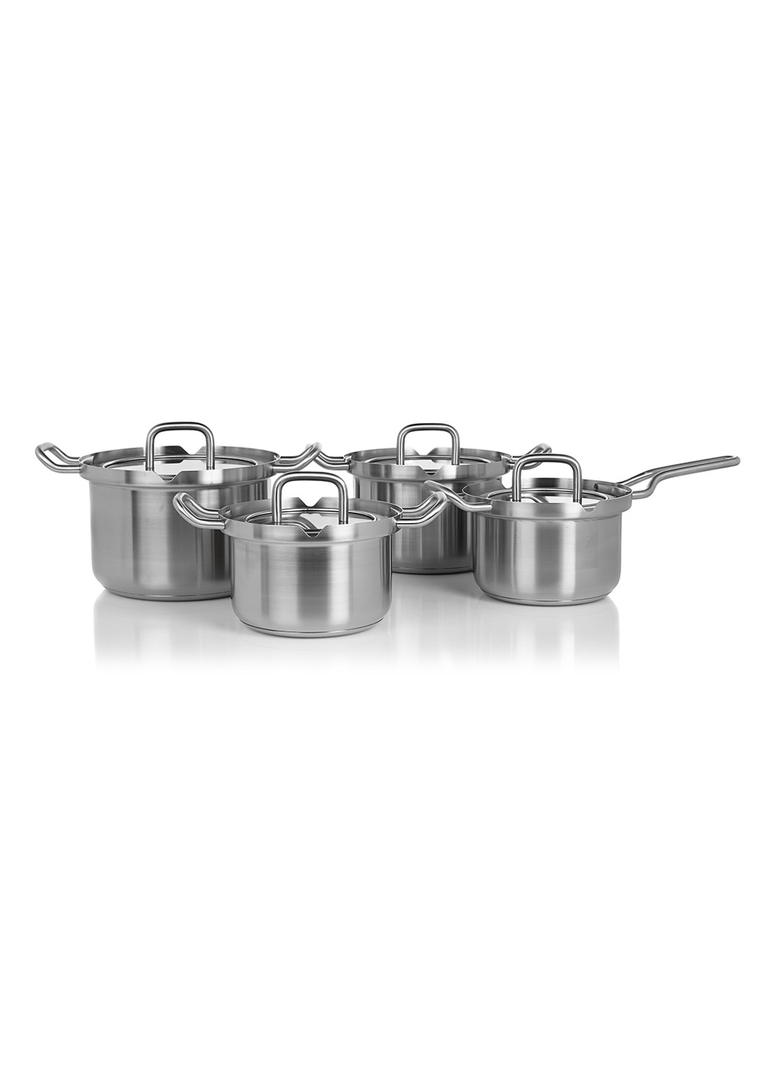 BK Q-Linair Master pannenset met glazen deksels, 4-delig - voorkant zilver