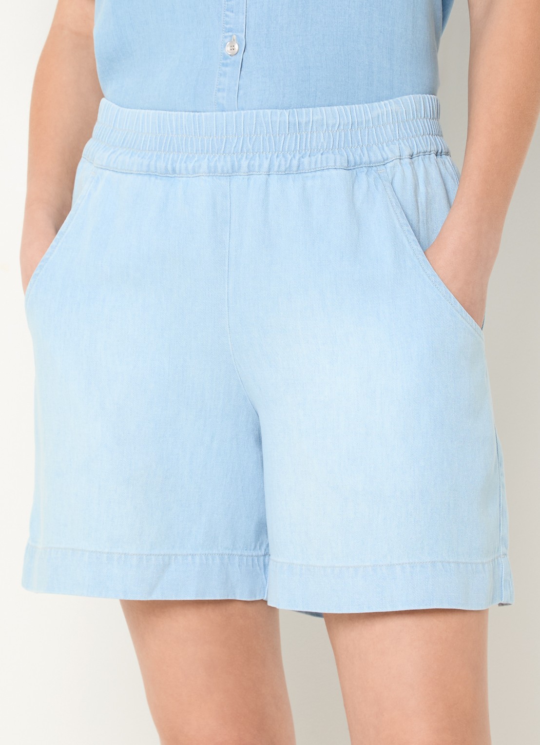 BLLMR Evy mid waist straight fit korte broek in linnenblend - detail 4 lichtblauw