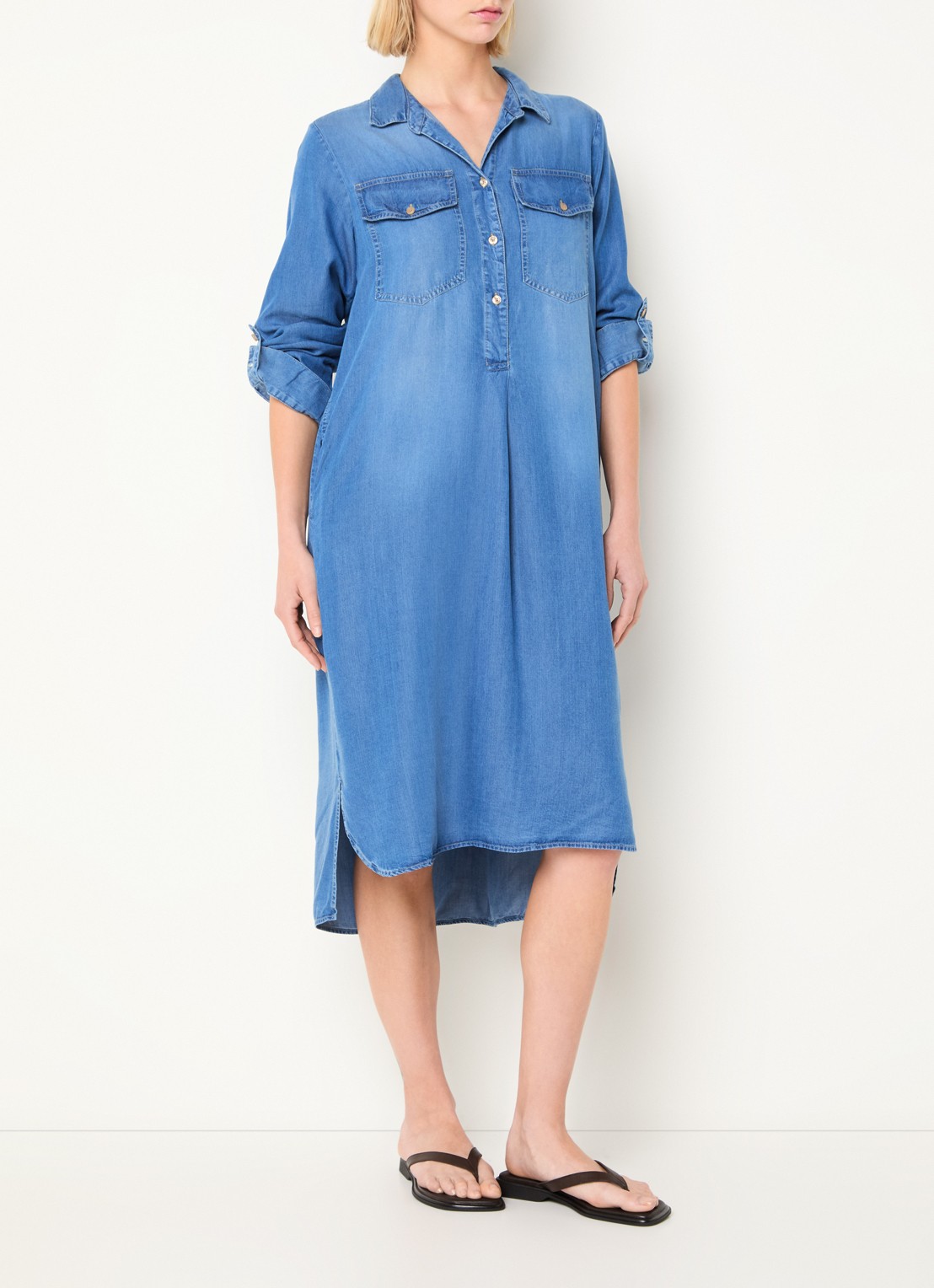 BLLMR Karina midi tuniekjurk van chambray met borstzakken - detail blauw