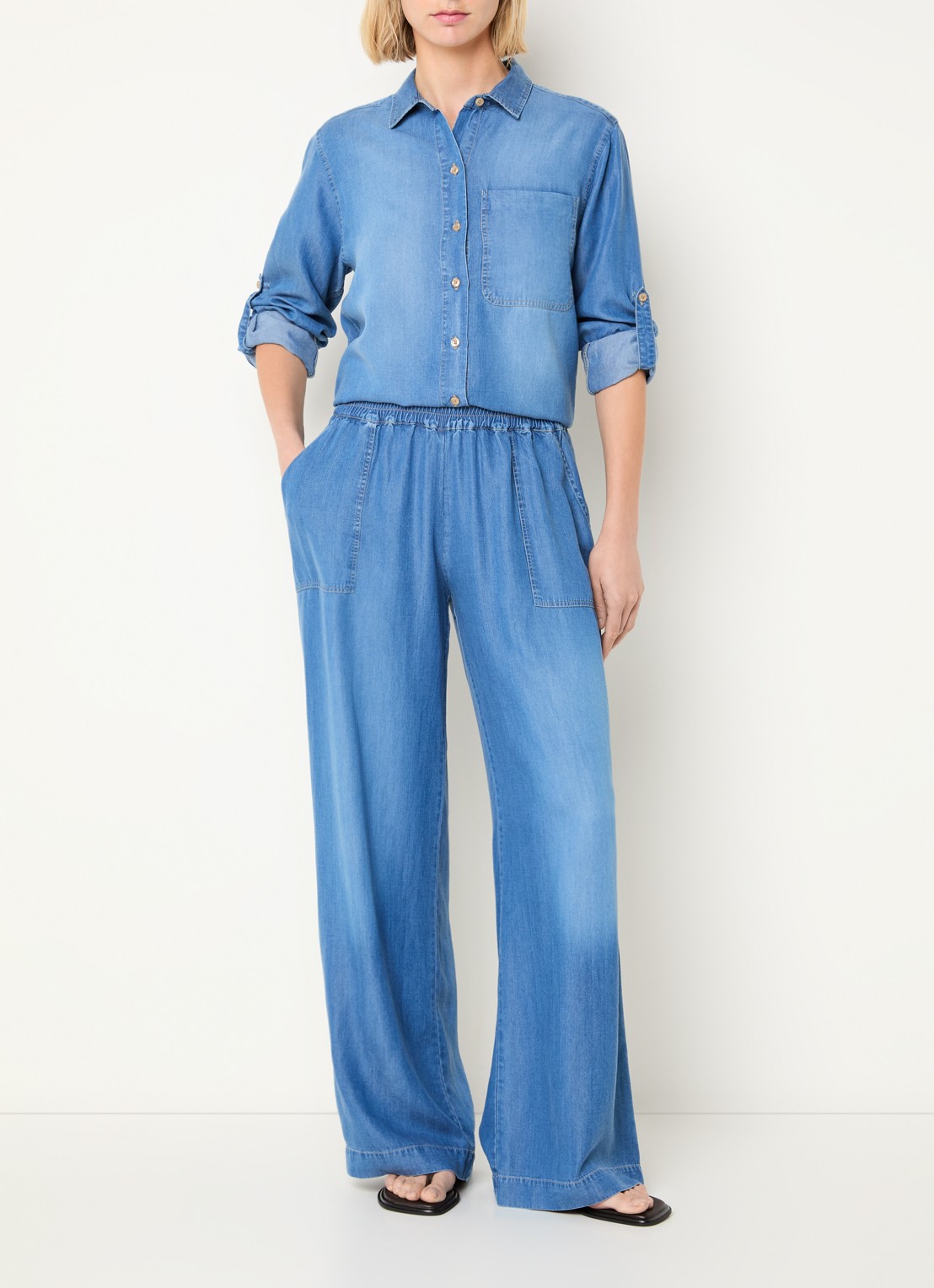 BLLMR Stella high waist wide fit broek van chambray - voorkant 3 blauw