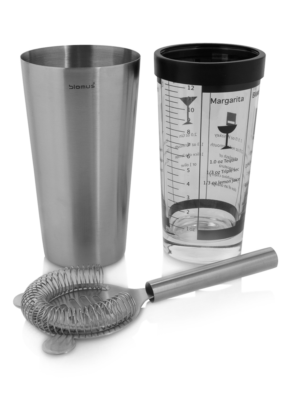 Blomus Boston Lounge cocktailshaker met strainer - voorkant zilver