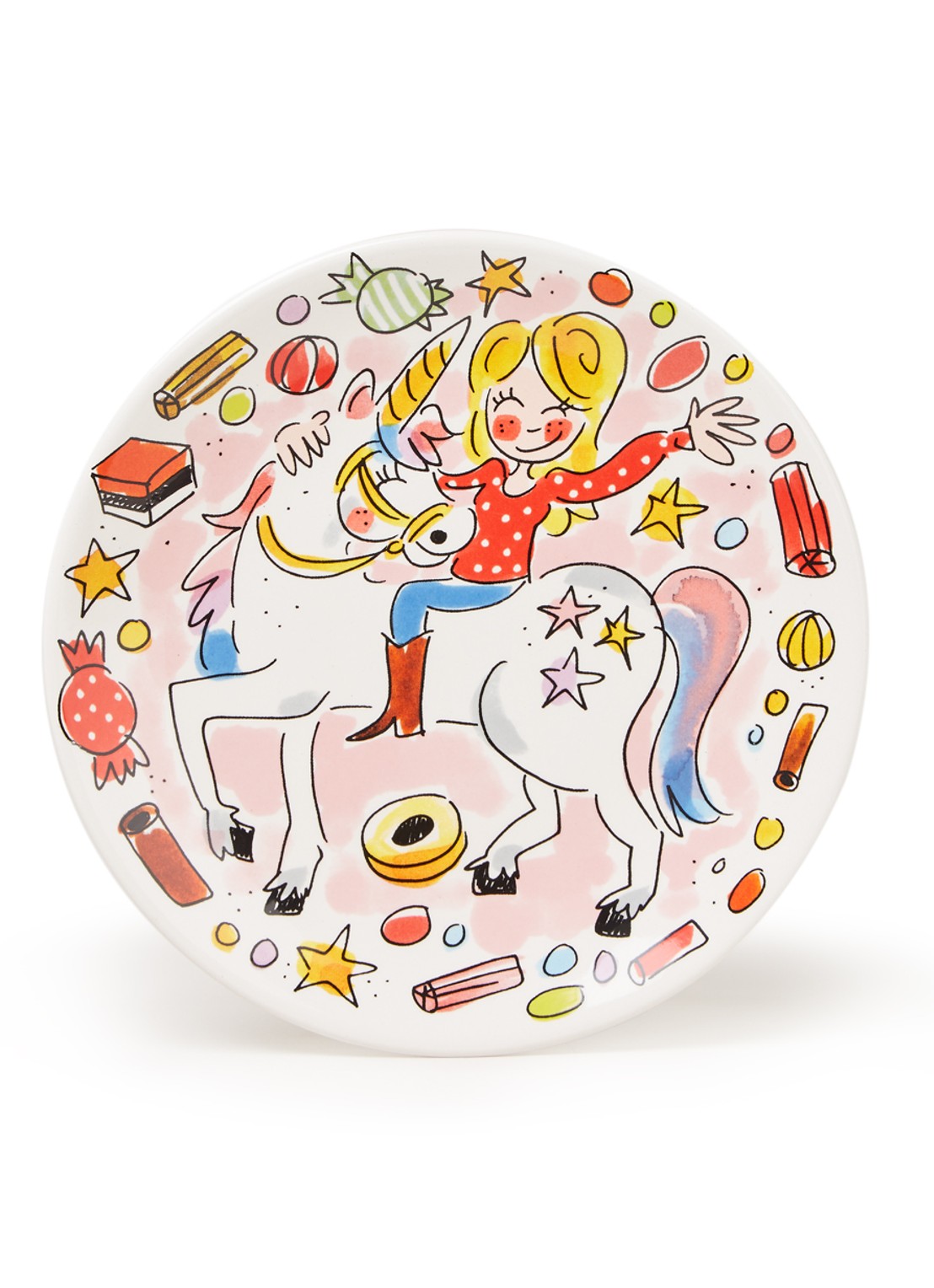 Blond Amsterdam Unicorn gebaksbord 18 cm - voorkant roze