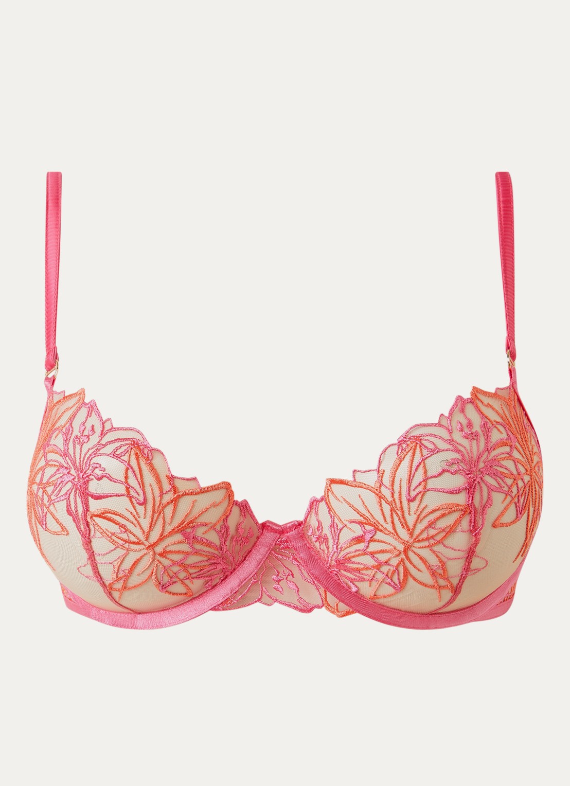 Bluebella Lily balconette bh van mesh met bloemborduring  - voorkant koraalroze