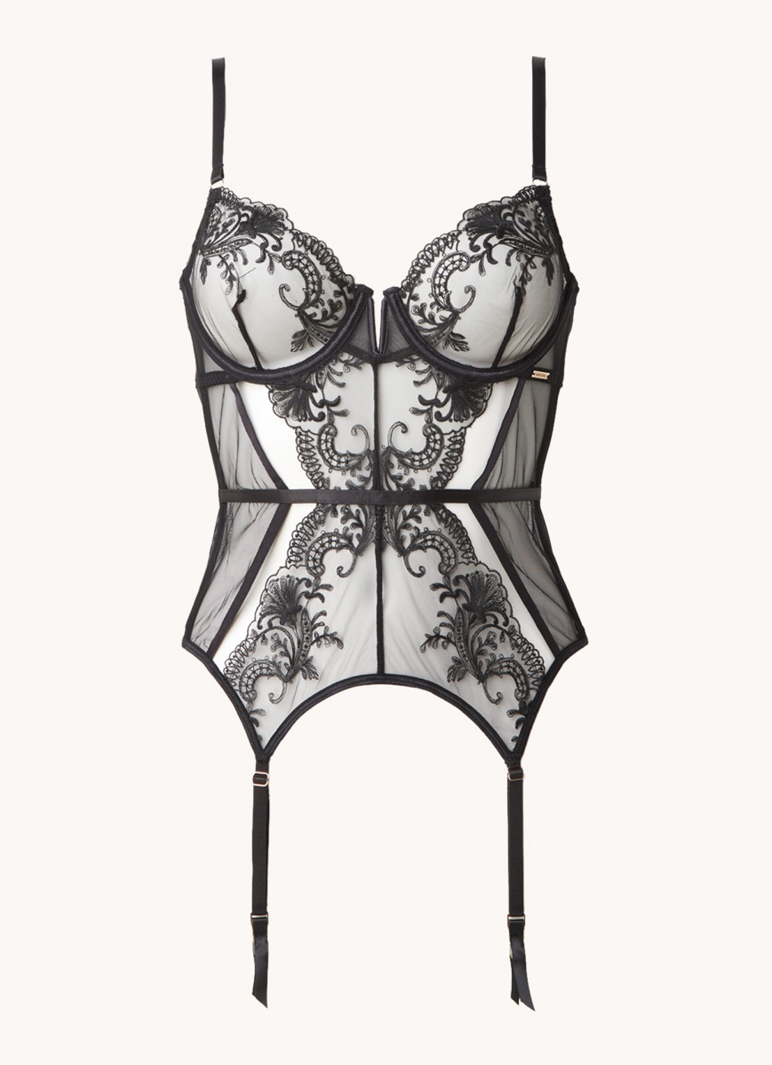 Bluebella Marseille bustier van mesh met beugel en jarretels - voorkant zwart