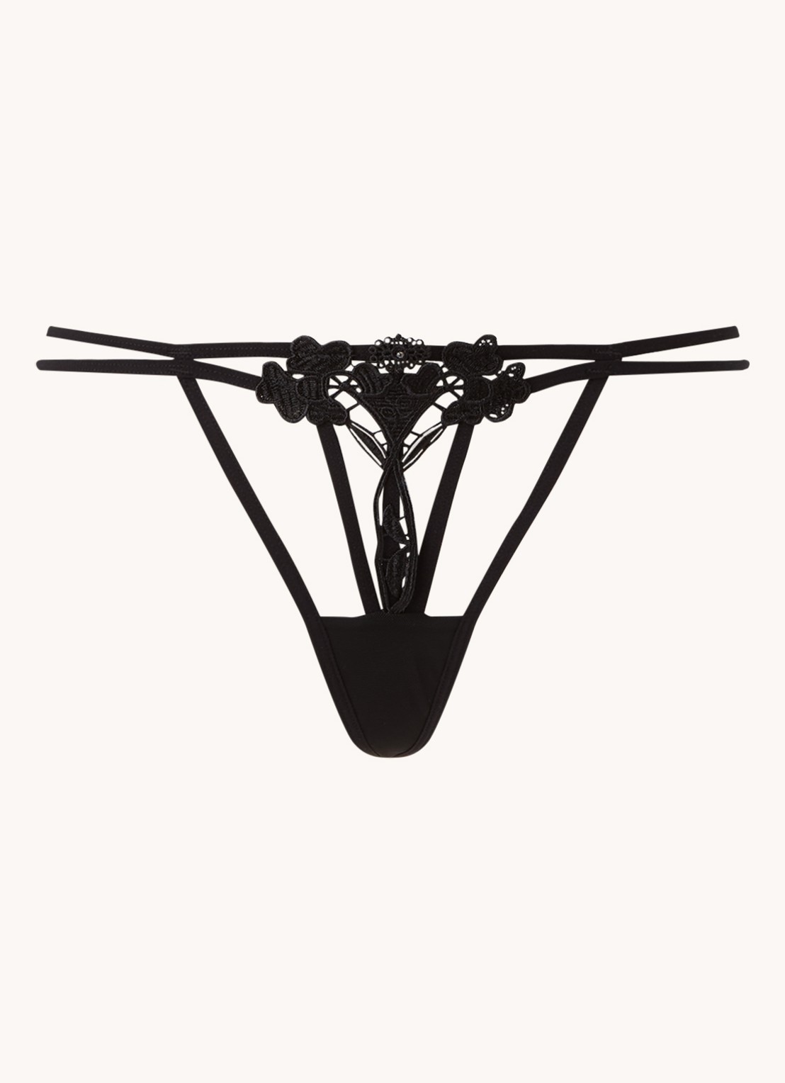 Bluebella Nova string met bloemborduring - voorkant zwart