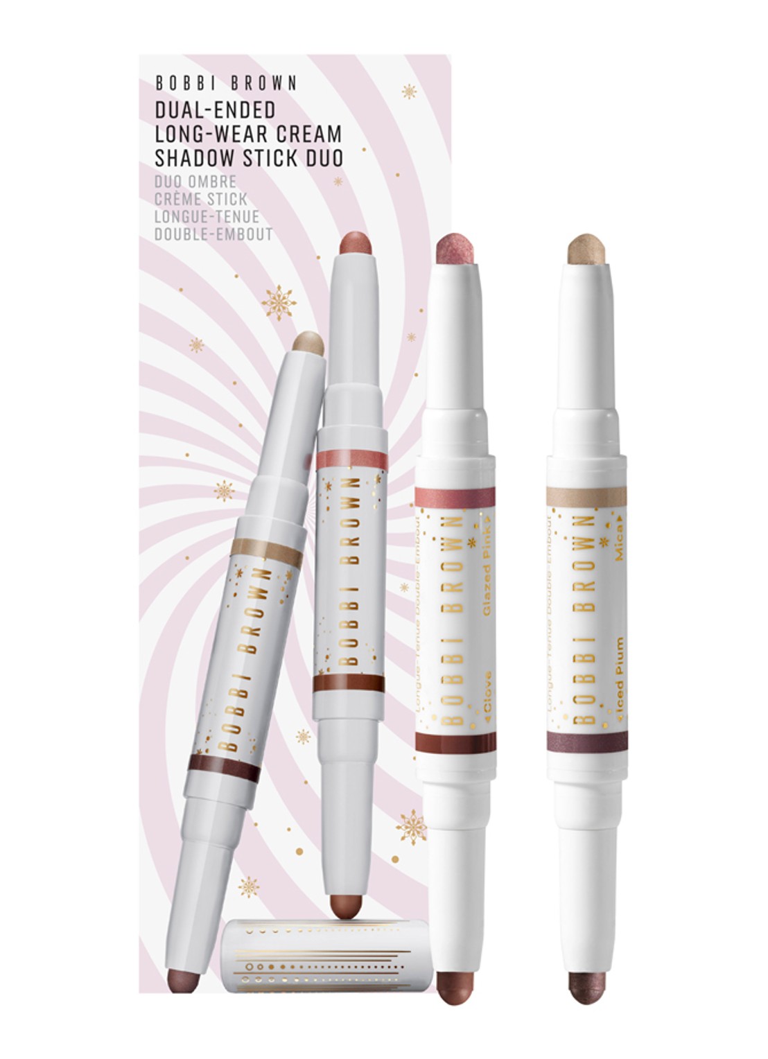 Bobbi Brown Dual-Ended Long-Wear Cream Shadow Stick Duo - oogschaduwstick set - voorkant 5 mica / iced plum / glazed pink / clove