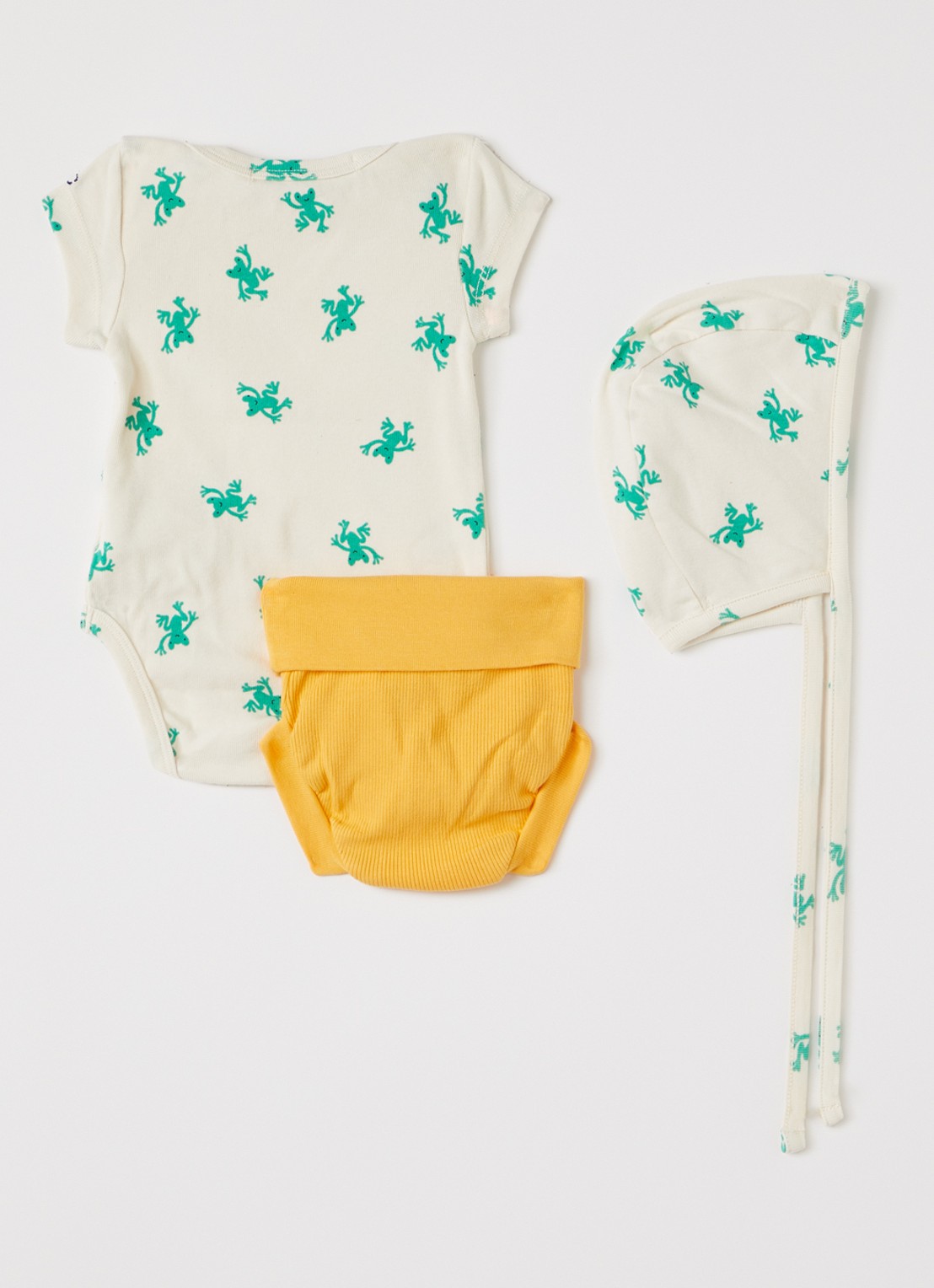BOBO CHOSES Hopping Frog set van romper met muts en broek in giftbox 3-delig - voorkant 3 groen