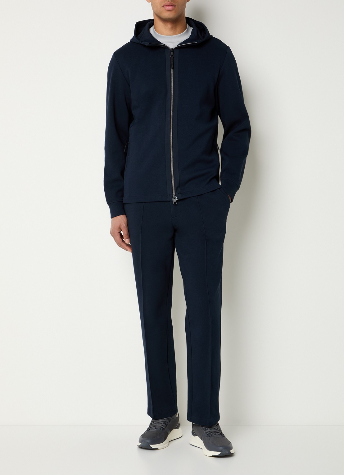 Boggi Milano Fijngebreid vest met capuchon - voorkant 3 donkerblauw