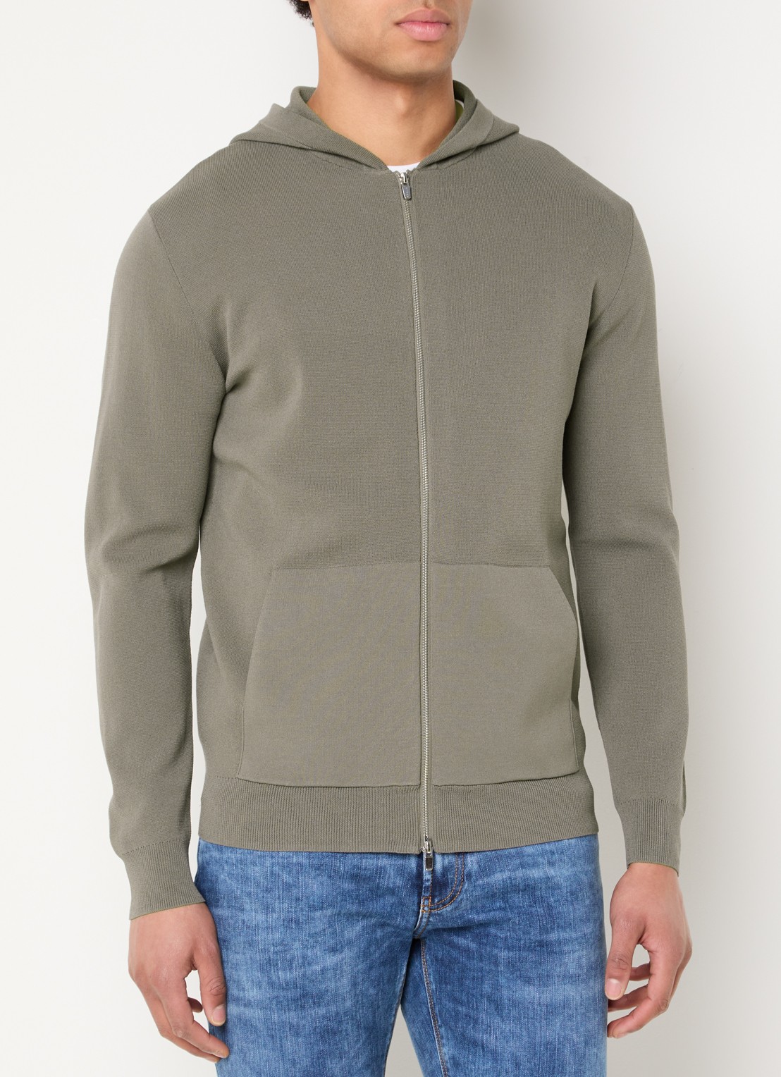Boggi Milano Fijngebreid vest met capuchon - detail 2 zand
