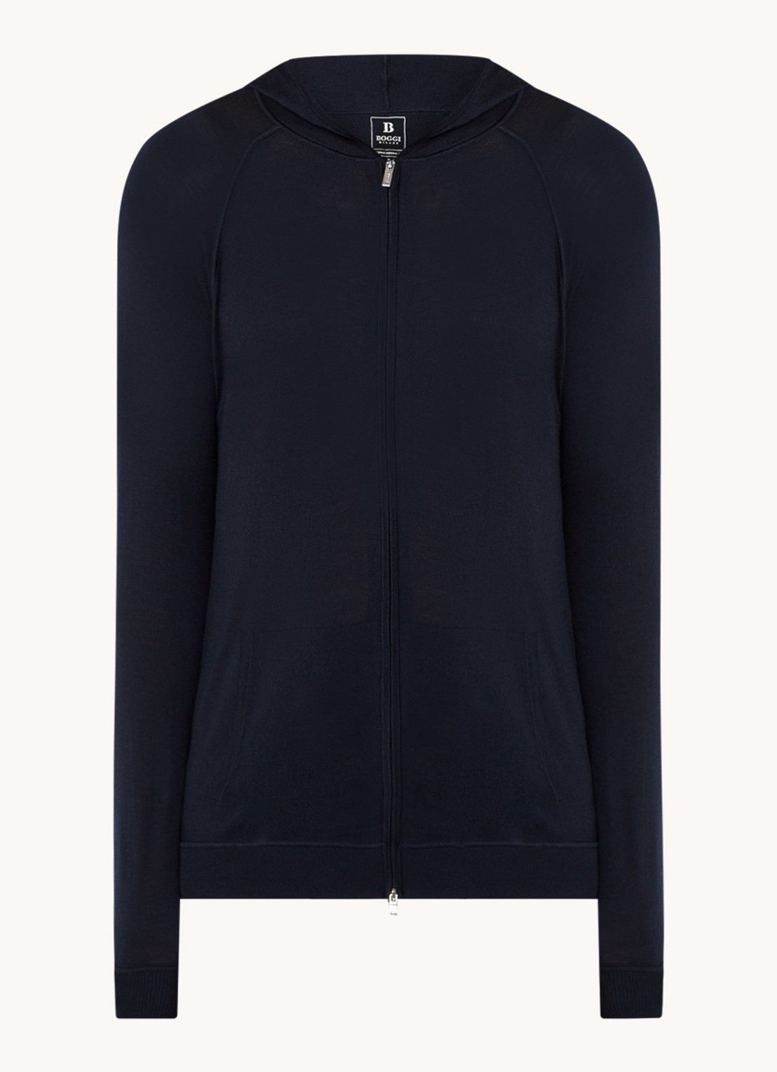 Boggi Milano Fijngebreid vest van wol met capuchon - voorkant 2 donkerblauw