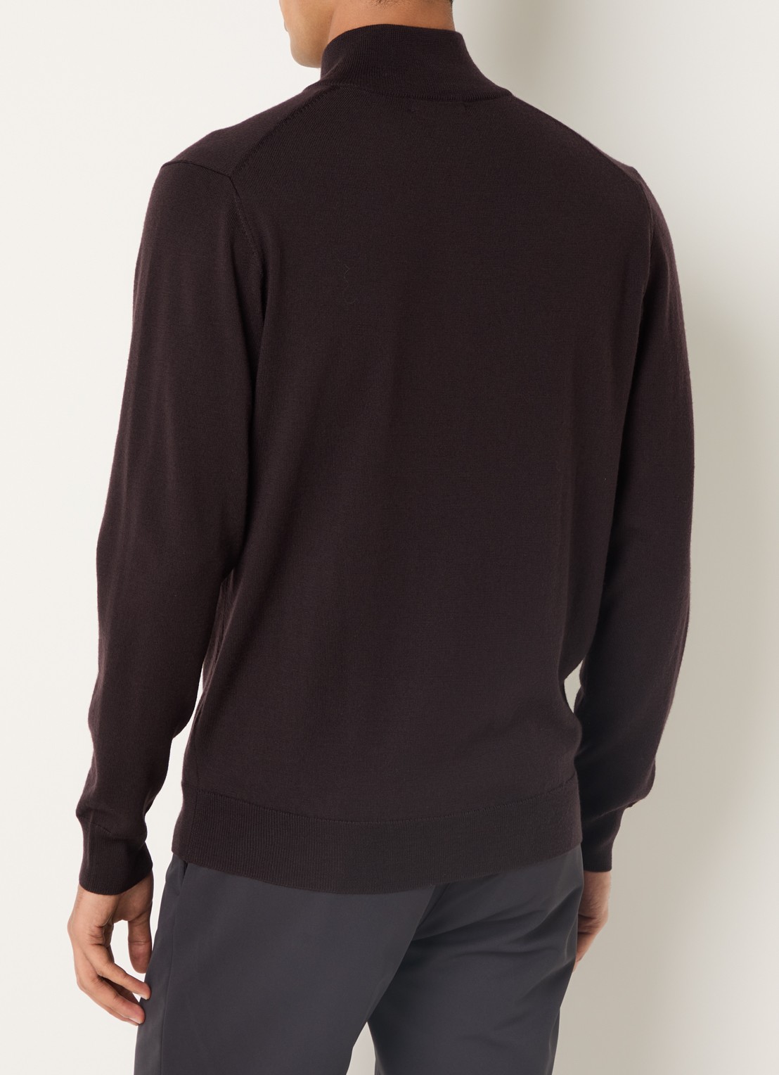 Boggi Milano Fijngebreide pullover van wol met halve rits - achterkant 2 donkerbruin
