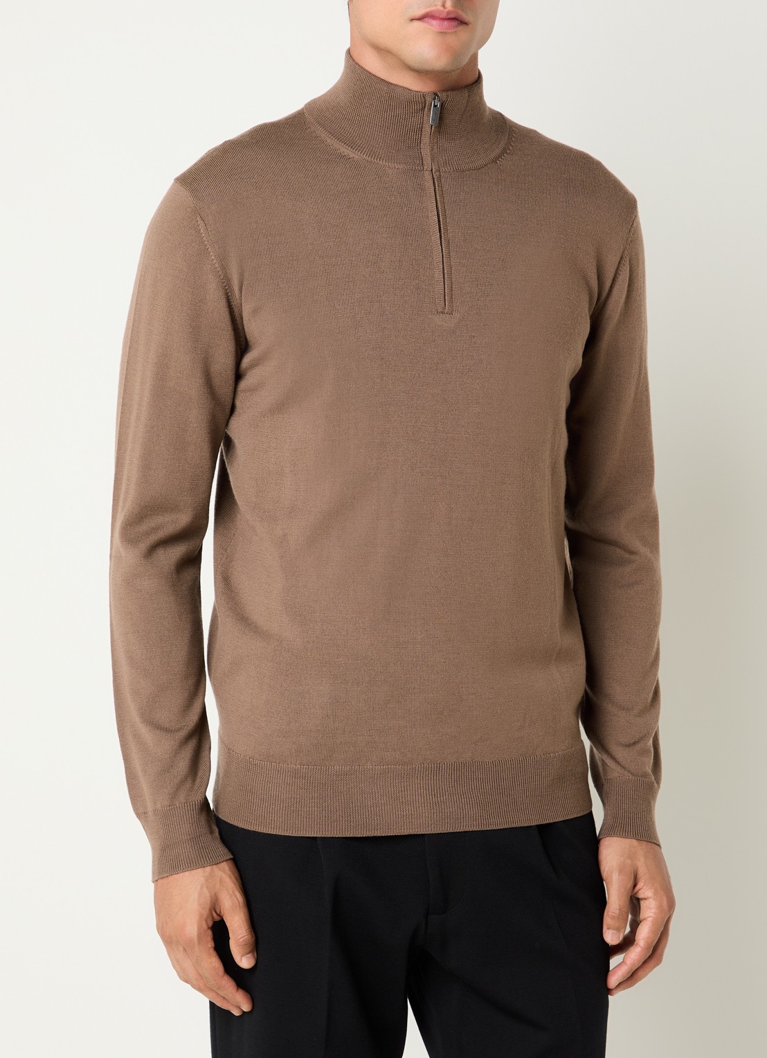 Boggi Milano Fijngebreide pullover van wol met halve rits - detail 4 lichtbruin