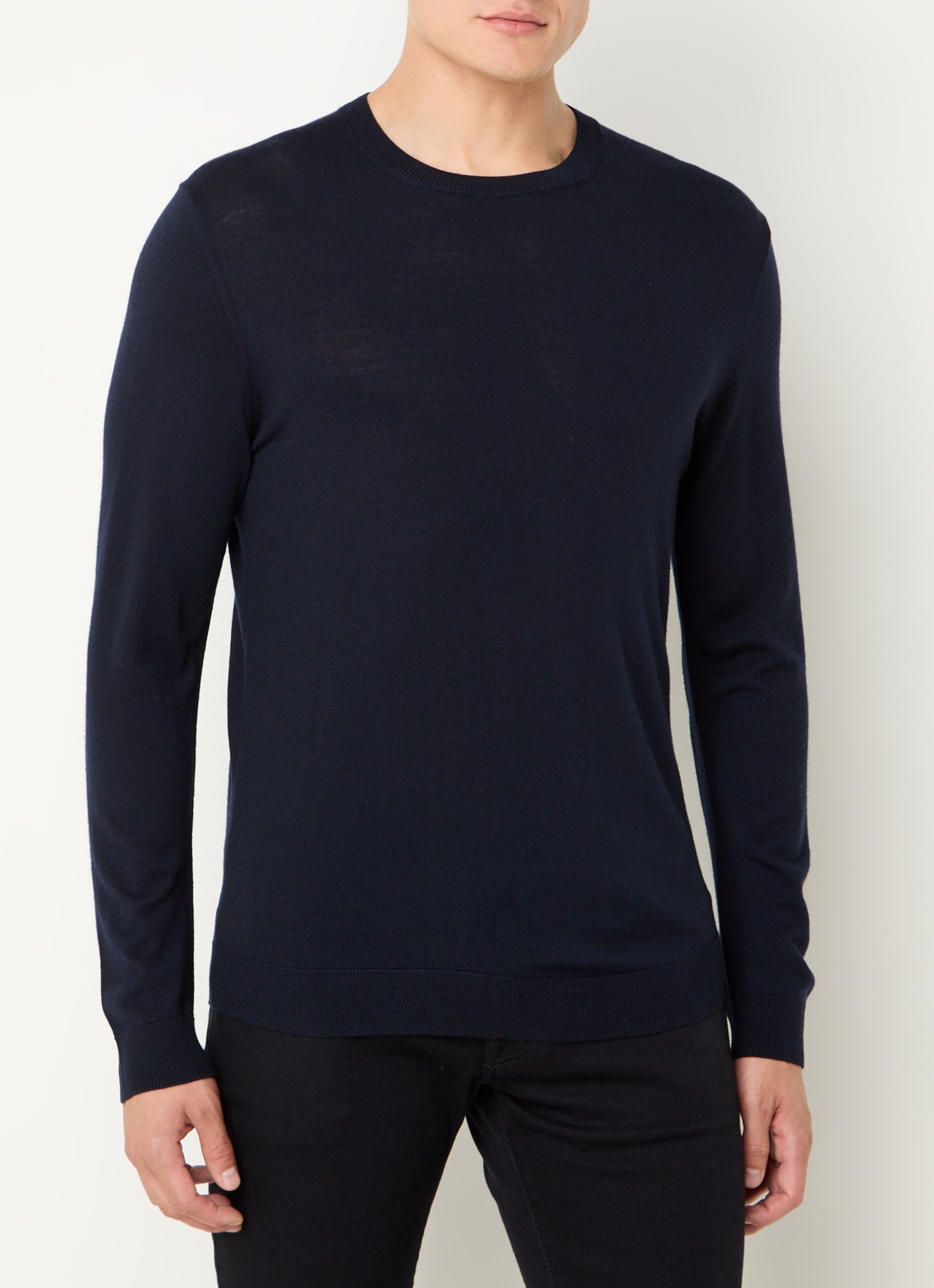 Boggi Milano Fijngebreide pullover van wol met ronde hals - detail 4 donkerblauw
