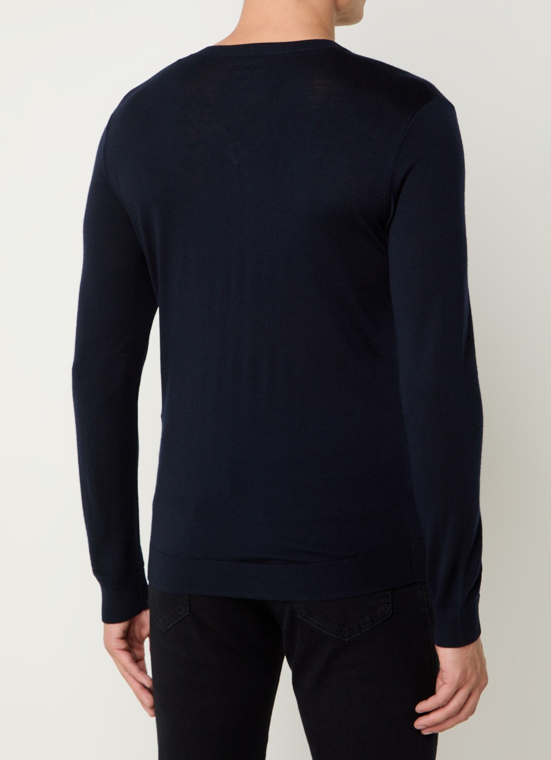 Boggi Milano Fijngebreide pullover van wol met V-hals - achterkant 3 donkerblauw