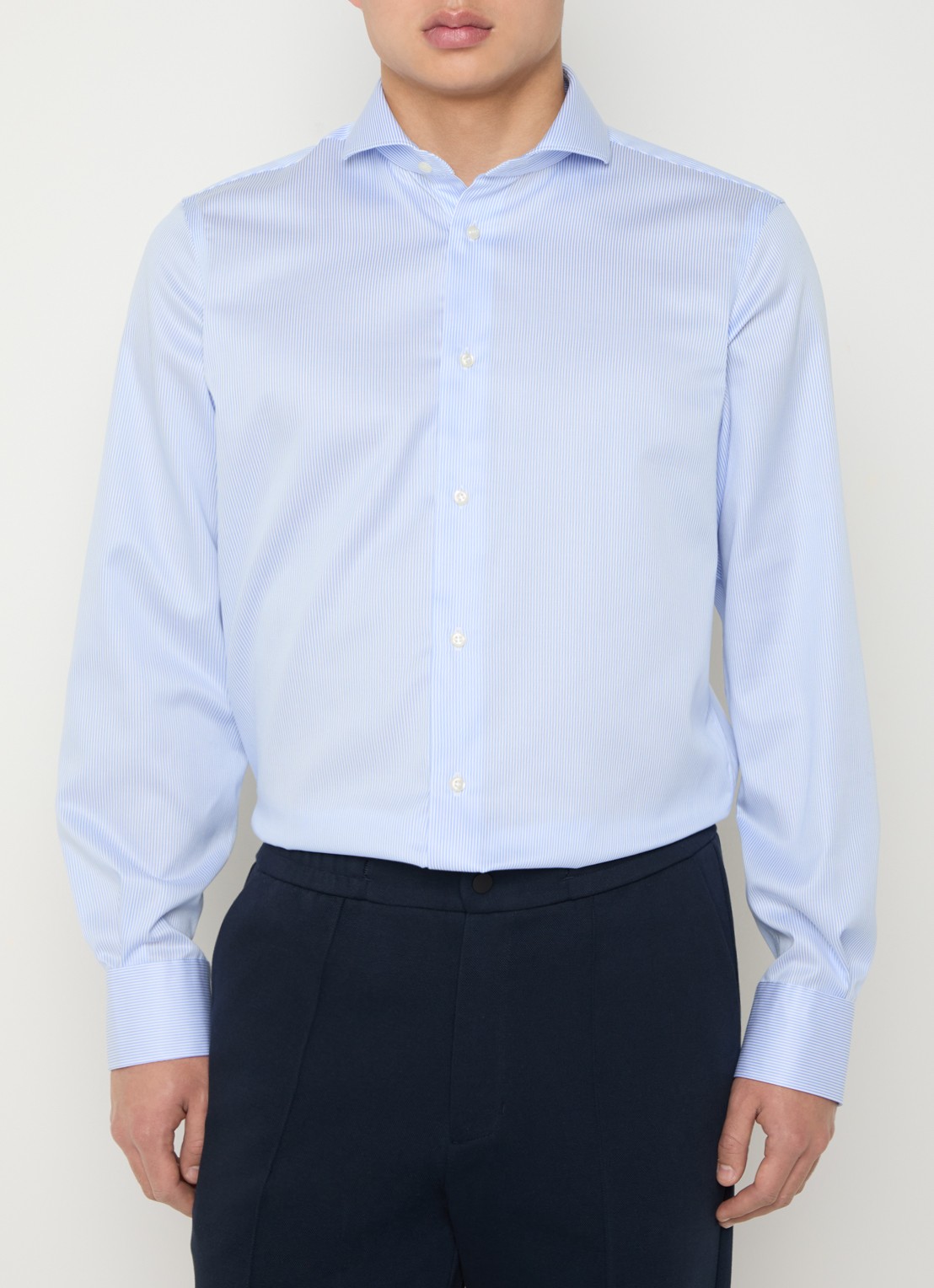 Boggi Milano Slim fit strijkvrij overhemd met streepprint - detail 3 lichtblauw