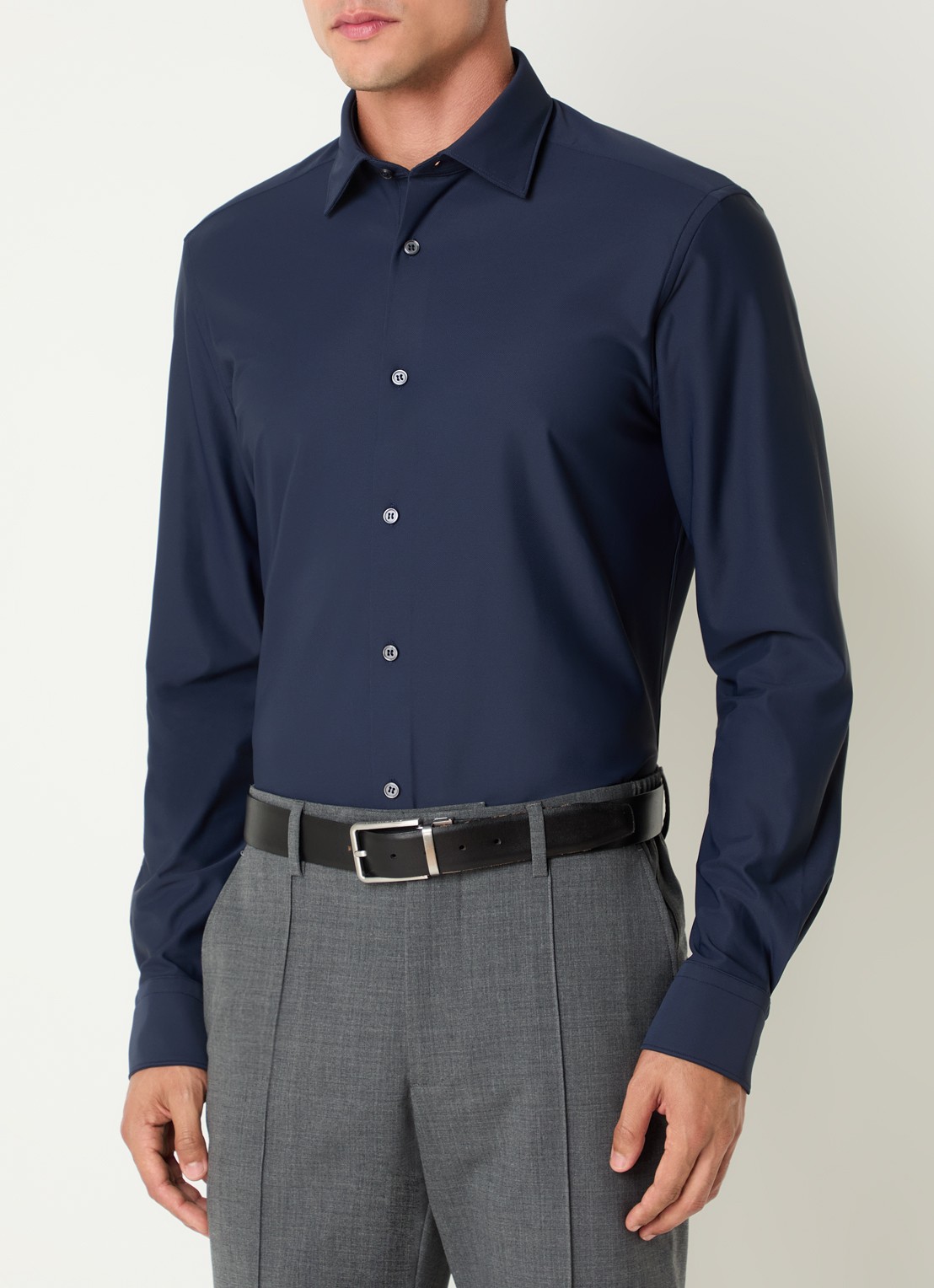 Boggi Milano Strijkvrij regular fit overhemd met stretch - detail donkerblauw