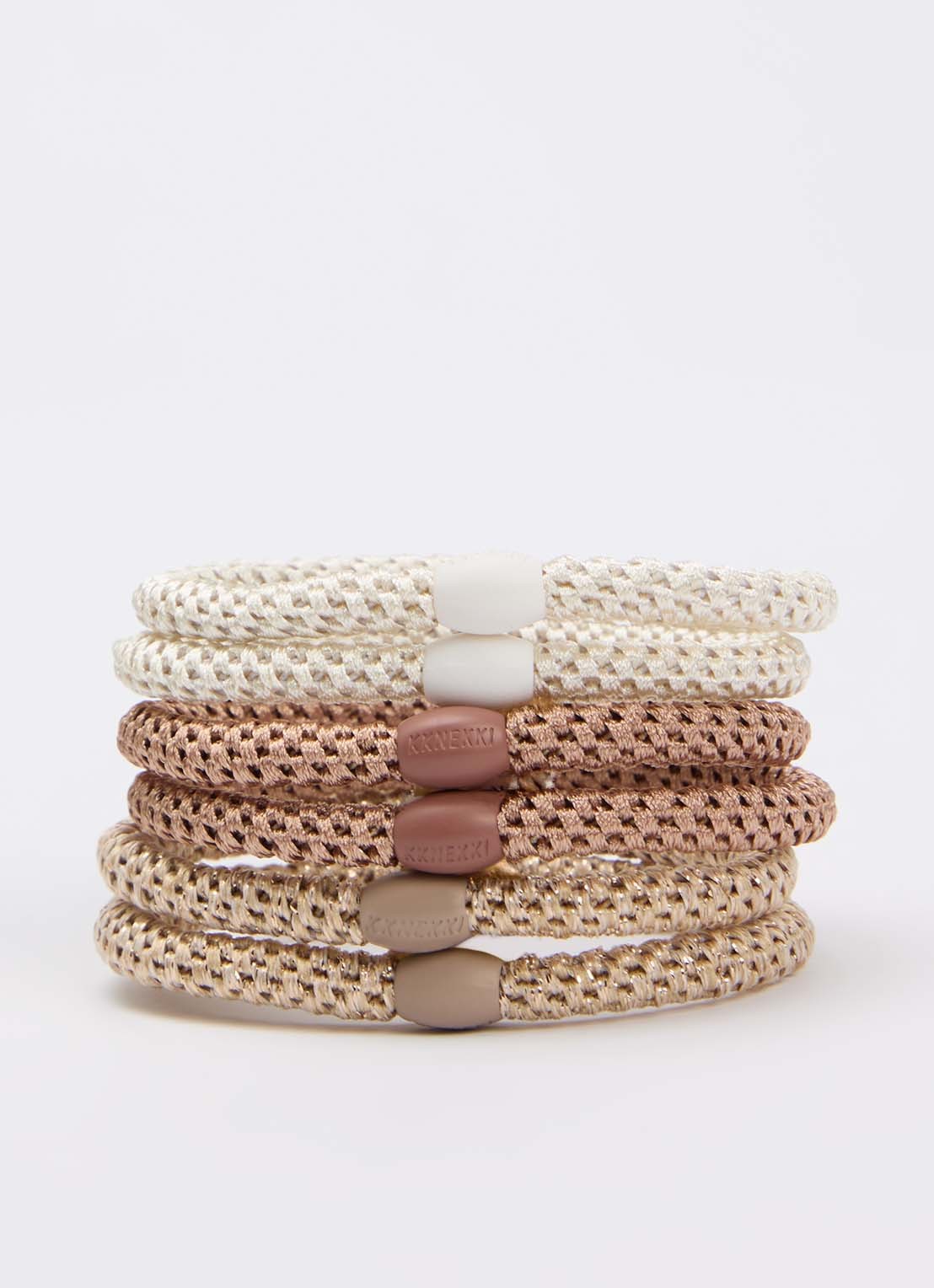Bon Dep Kknekki gevlochten haarelastiekjes met lurex in 6-pack - voorkant beige