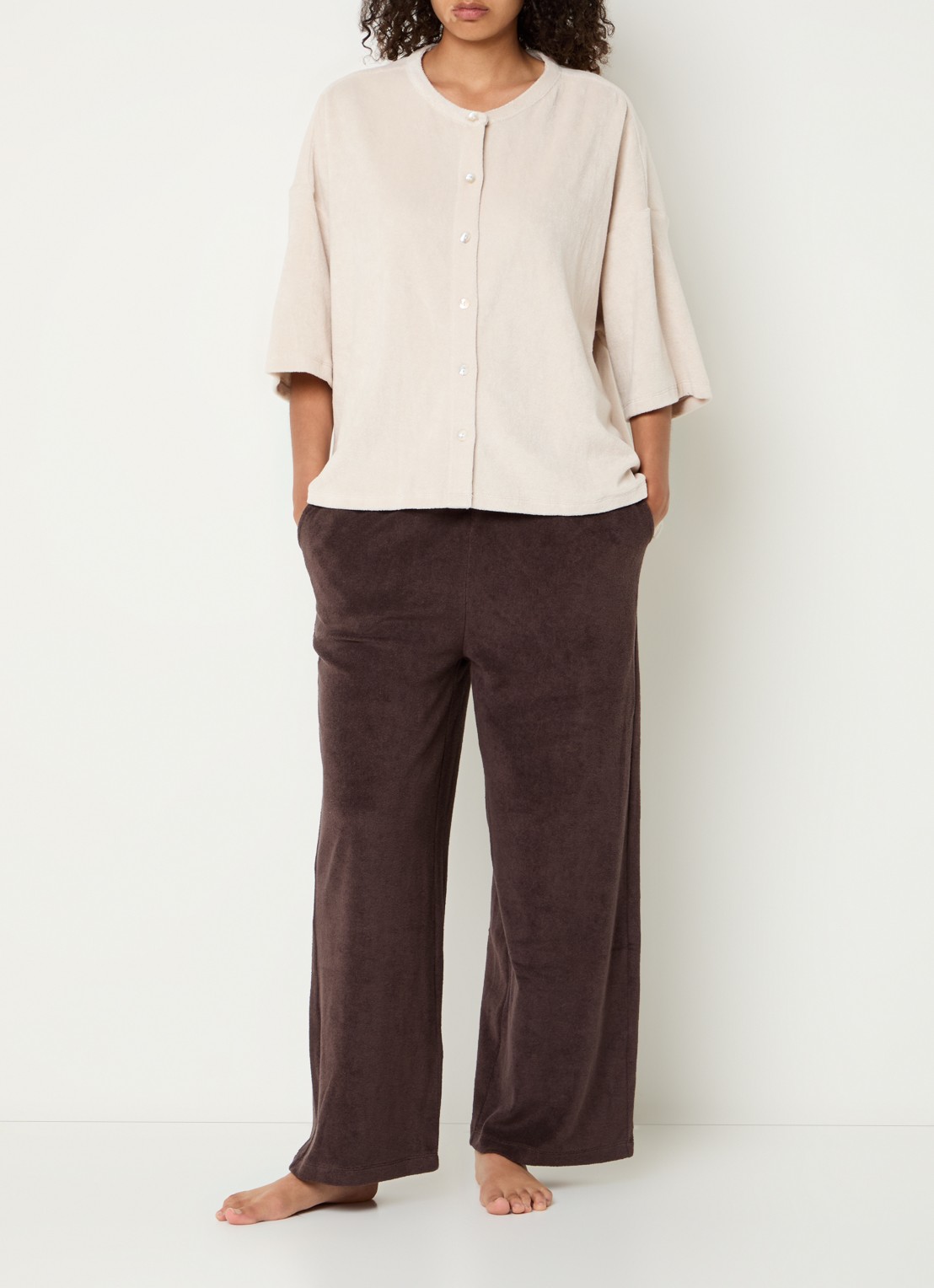 Bongusta Naram oversized blouse van badstof met streepprint - voorkant 4 beige