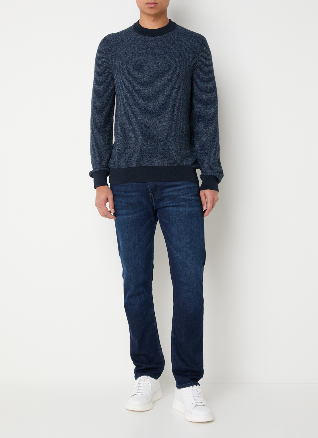 BOSS Aspoki fijngebreide pullover met gemêleerd dessin - voorkant 2 donkerblauw