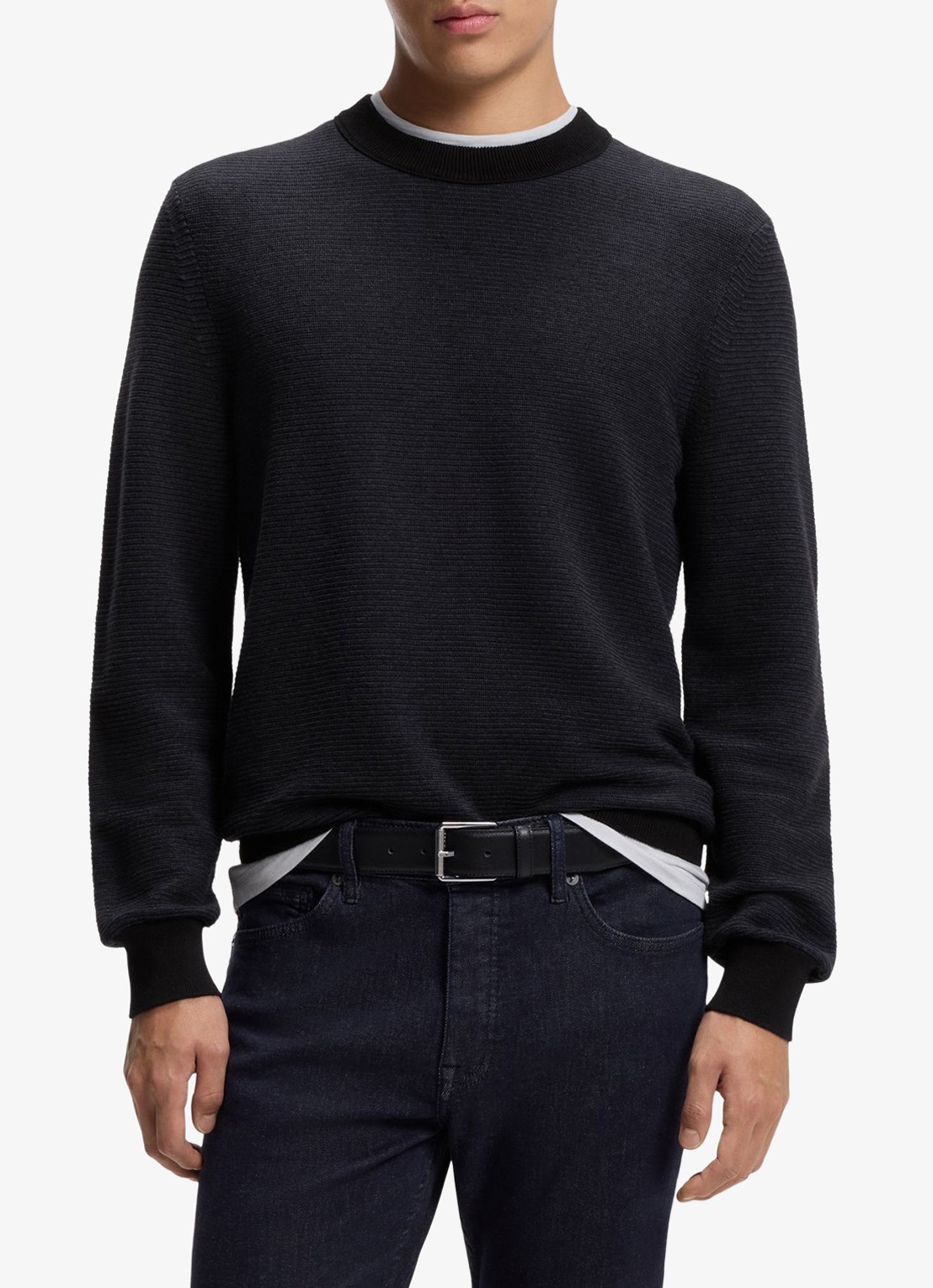 BOSS Aspoki fijngebreide pullover met gemêleerd dessin - detail zwart