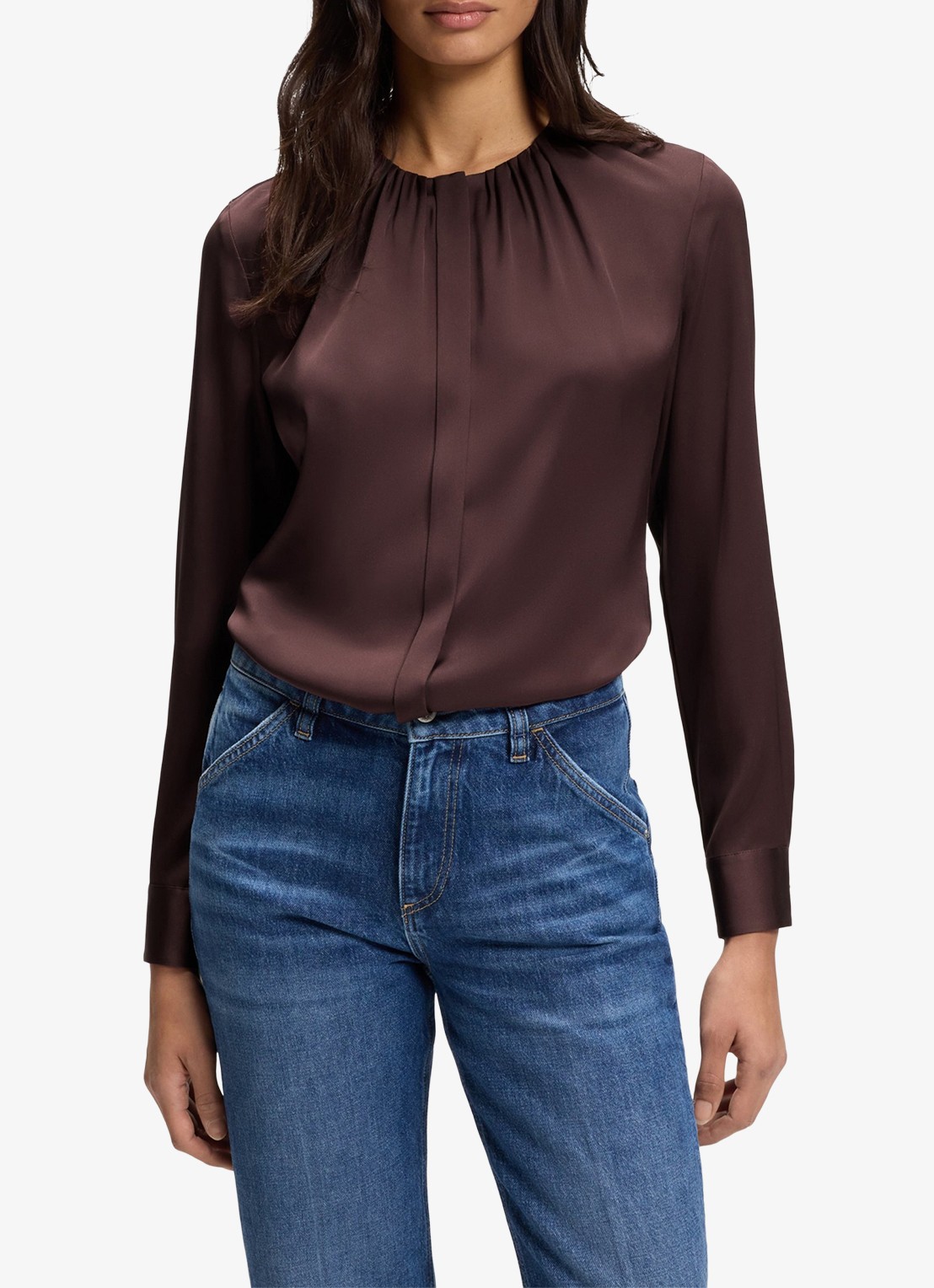 BOSS Banorah blouse in zijdeblend - detail 4 dark brown-206 / bruin