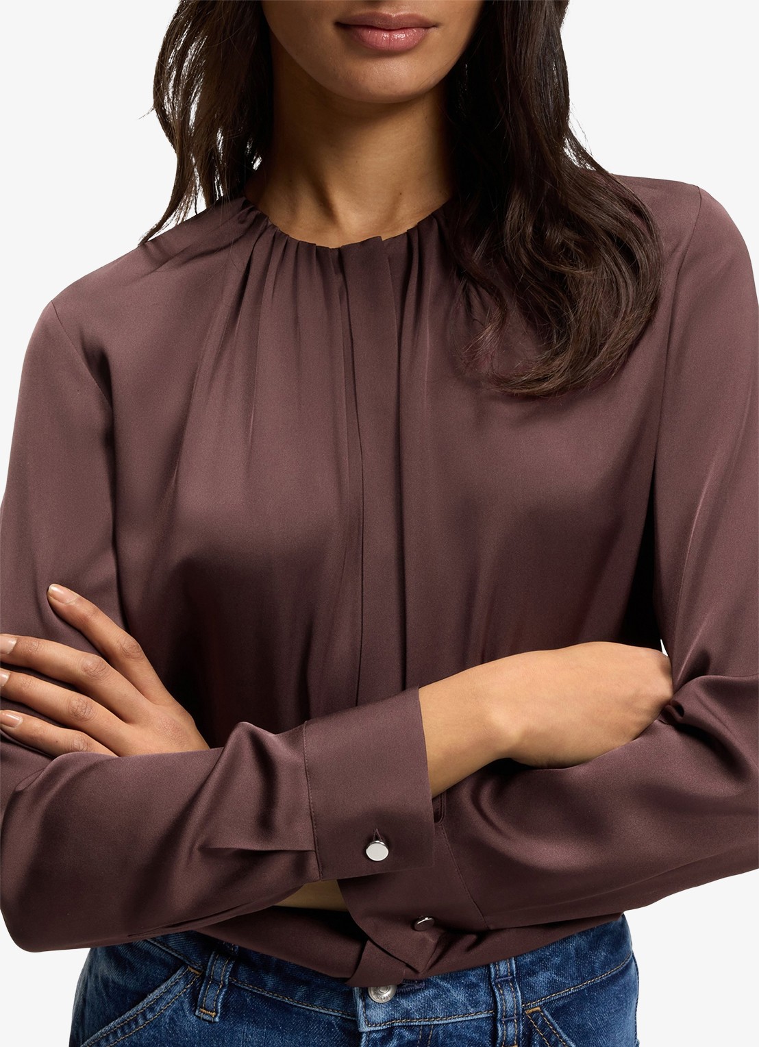 BOSS Banorah blouse in zijdeblend - detail 6 dark brown-206 / bruin