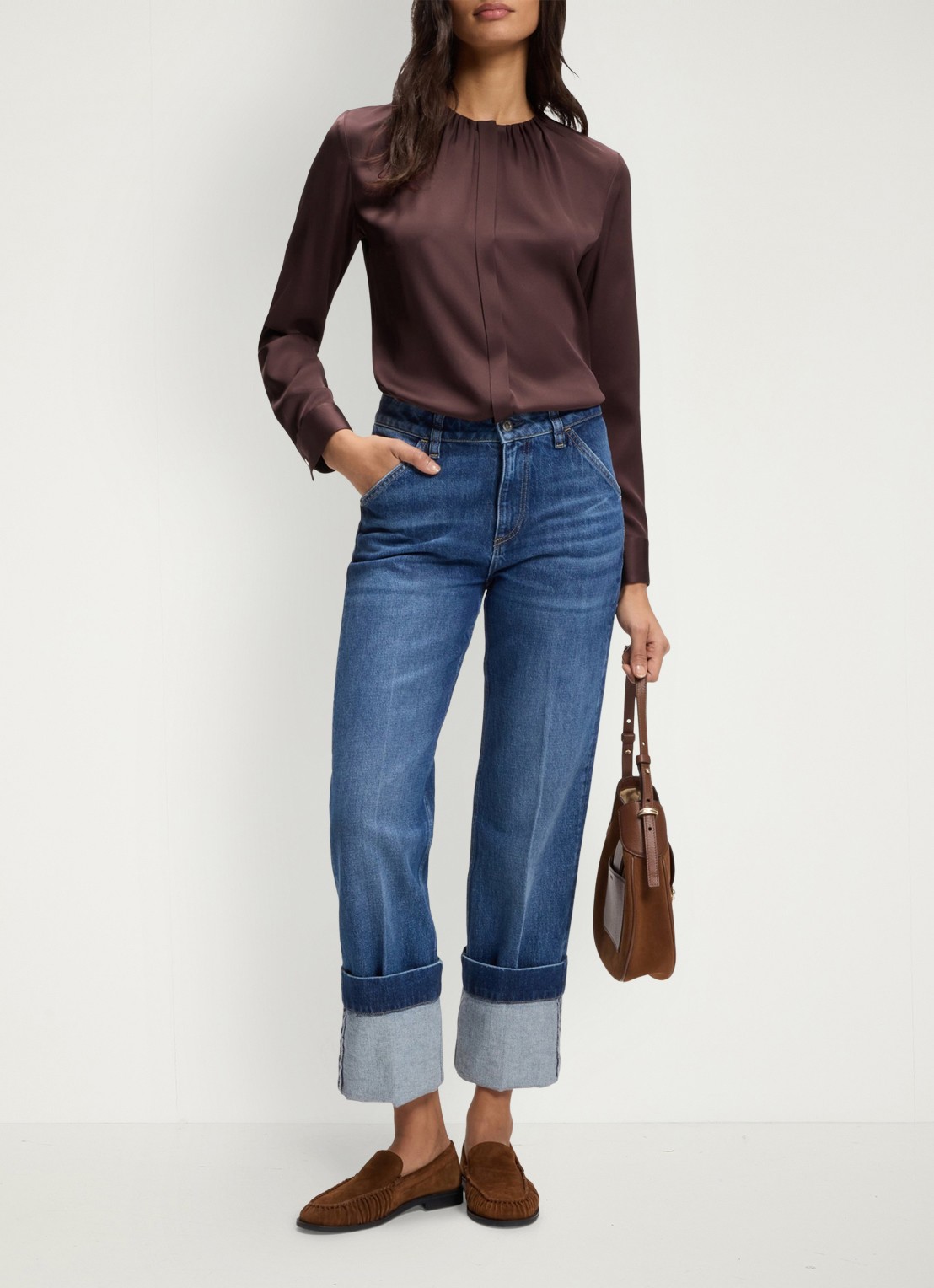 BOSS Banorah blouse in zijdeblend - voorkant 3 dark brown-206 / bruin