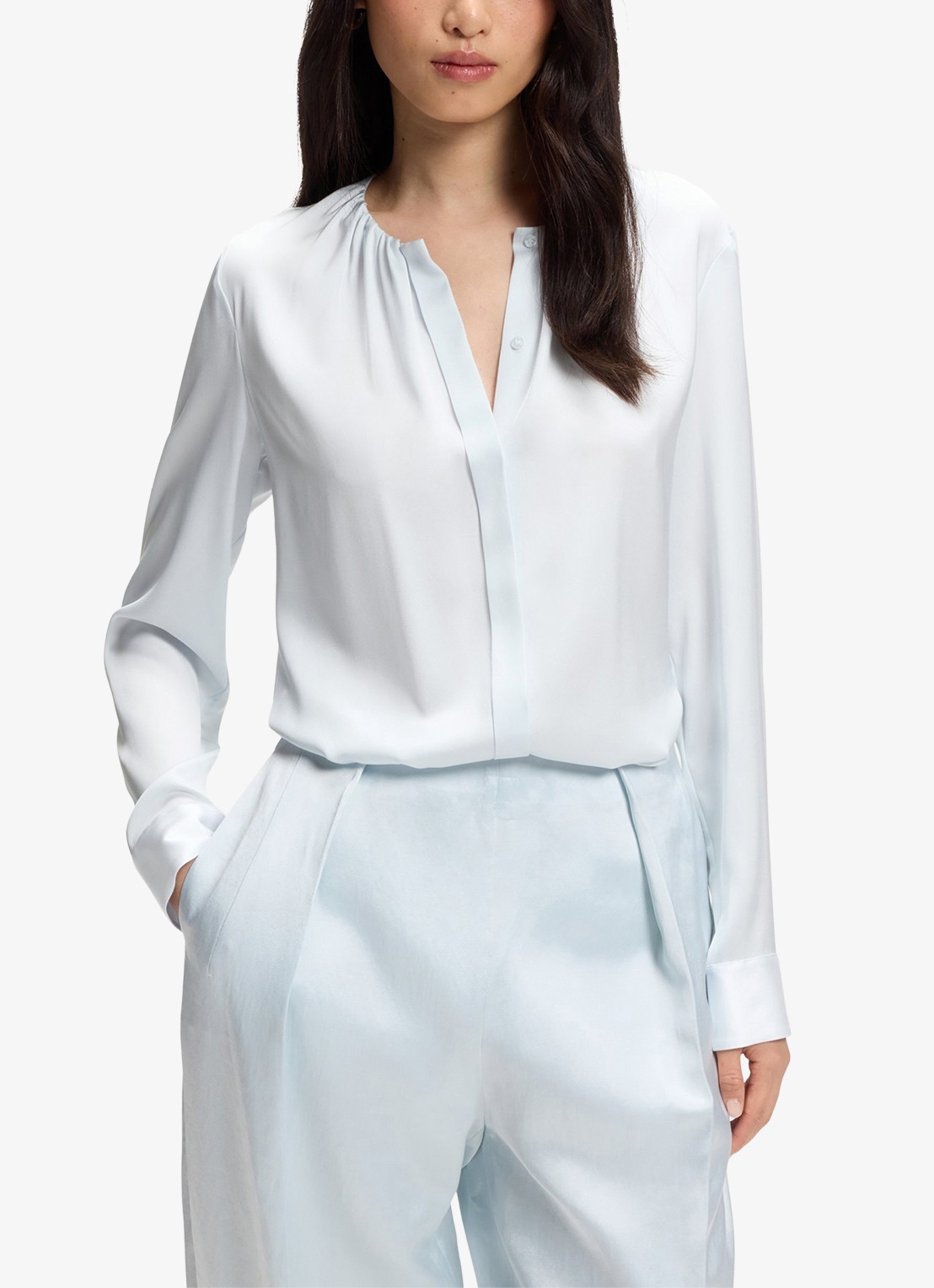 BOSS Banorah blouse in zijdeblend - detail 4 open blue-462 / blauw