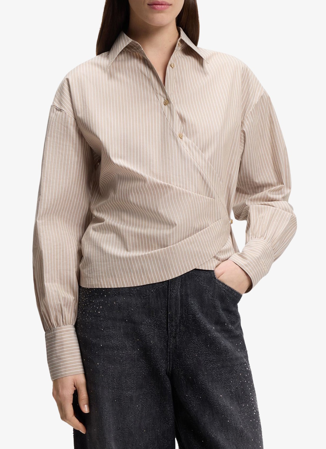 BOSS Blouse met streepprint - detail 3 beige