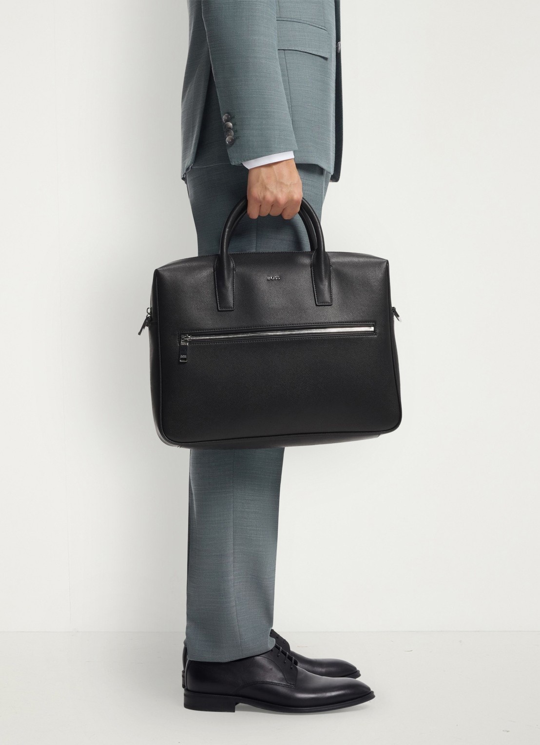 BOSS Businesstas van leer met afneembare schouderriem en logo - voorkant 3 zwart