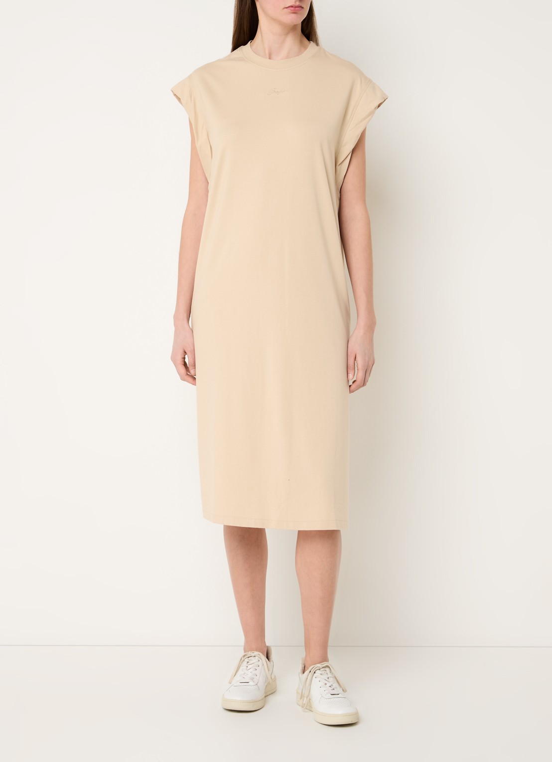 BOSS C_Edress_5 midi T-shirt jurk met split  - detail 4 open beige-287 / beige