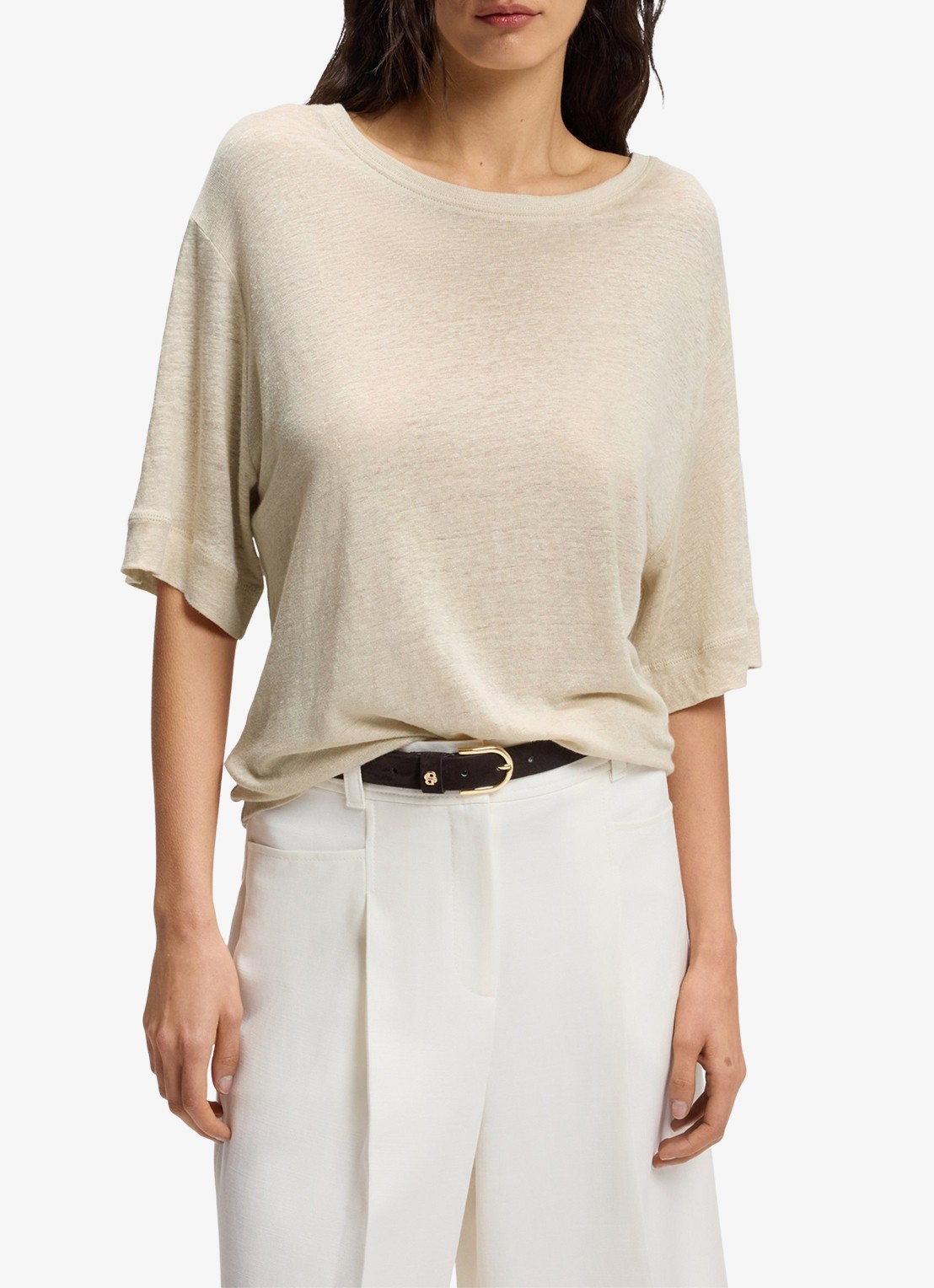 BOSS C_Emma T-shirt van linnen  - detail 4 open beige-287 / beige