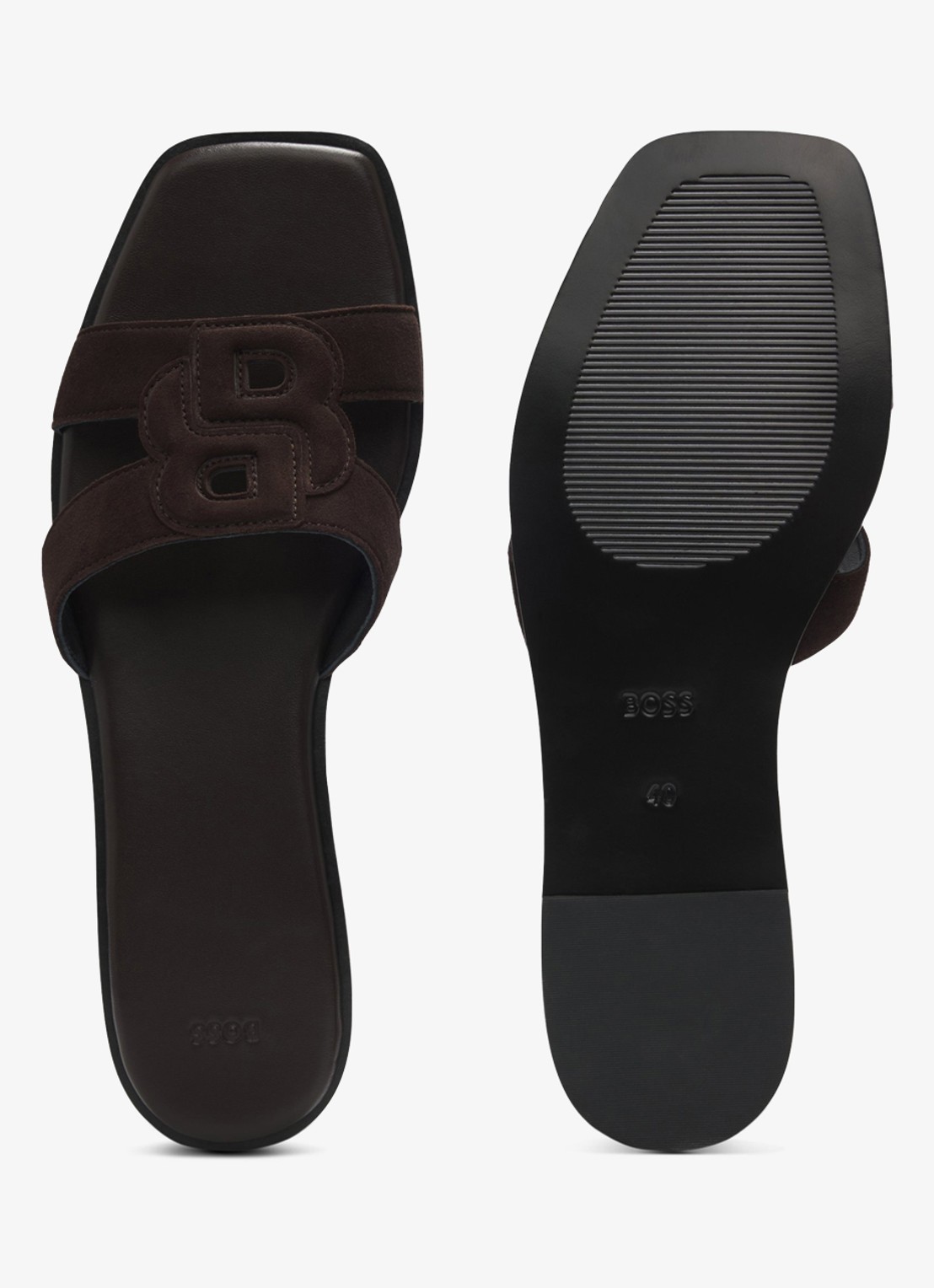 BOSS Charlize slipper van suède met logo - achterkant dark brown-207 / bruin