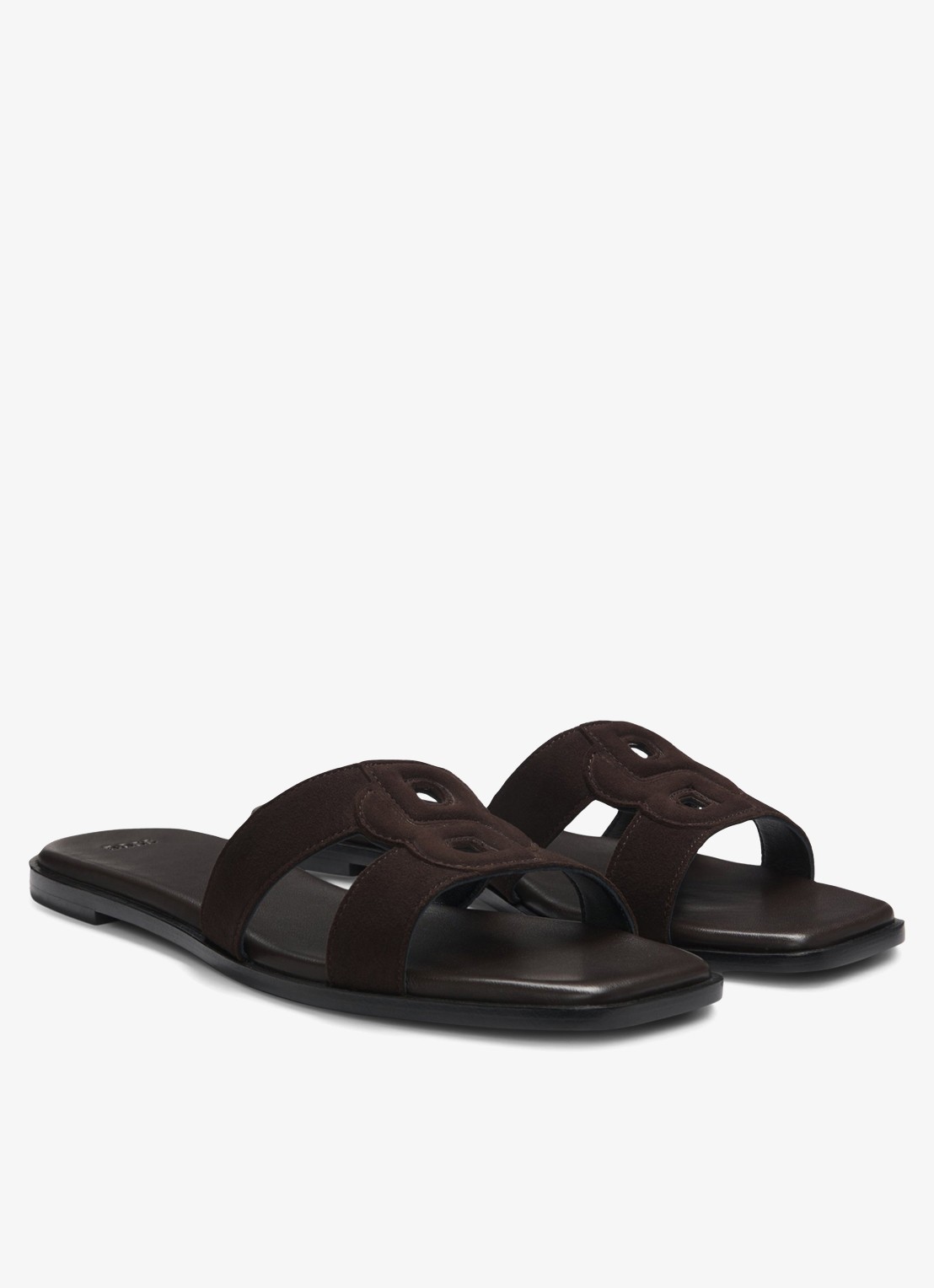 BOSS Charlize slipper van suède met logo - voorkant 2 dark brown-207 / bruin