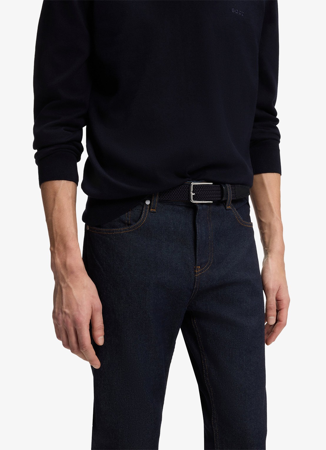BOSS Clorio elastische riem met leren details - detail 3 donkerblauw