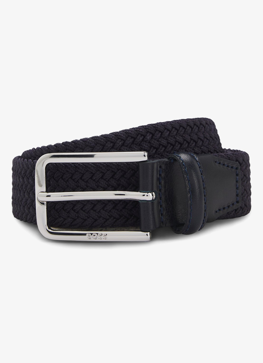 BOSS Clorio elastische riem met leren details - voorkant donkerblauw