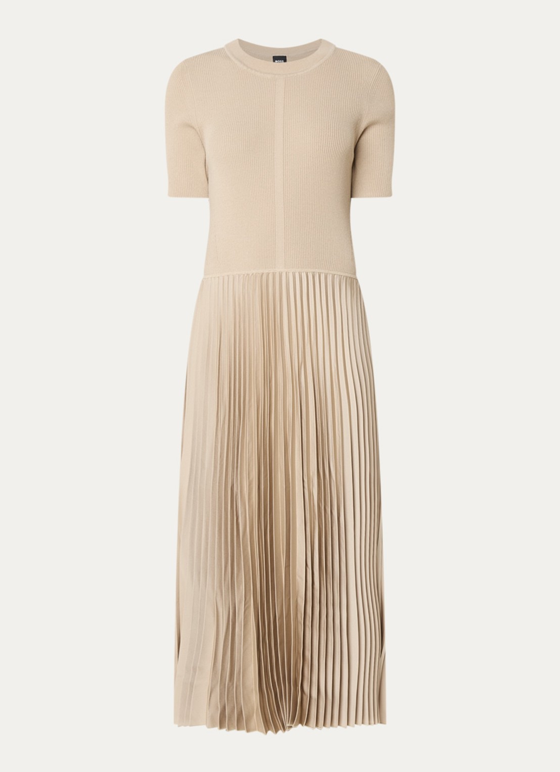 BOSS Fadridi ribgebreide midi jurk met plissé - voorkant 2 beige