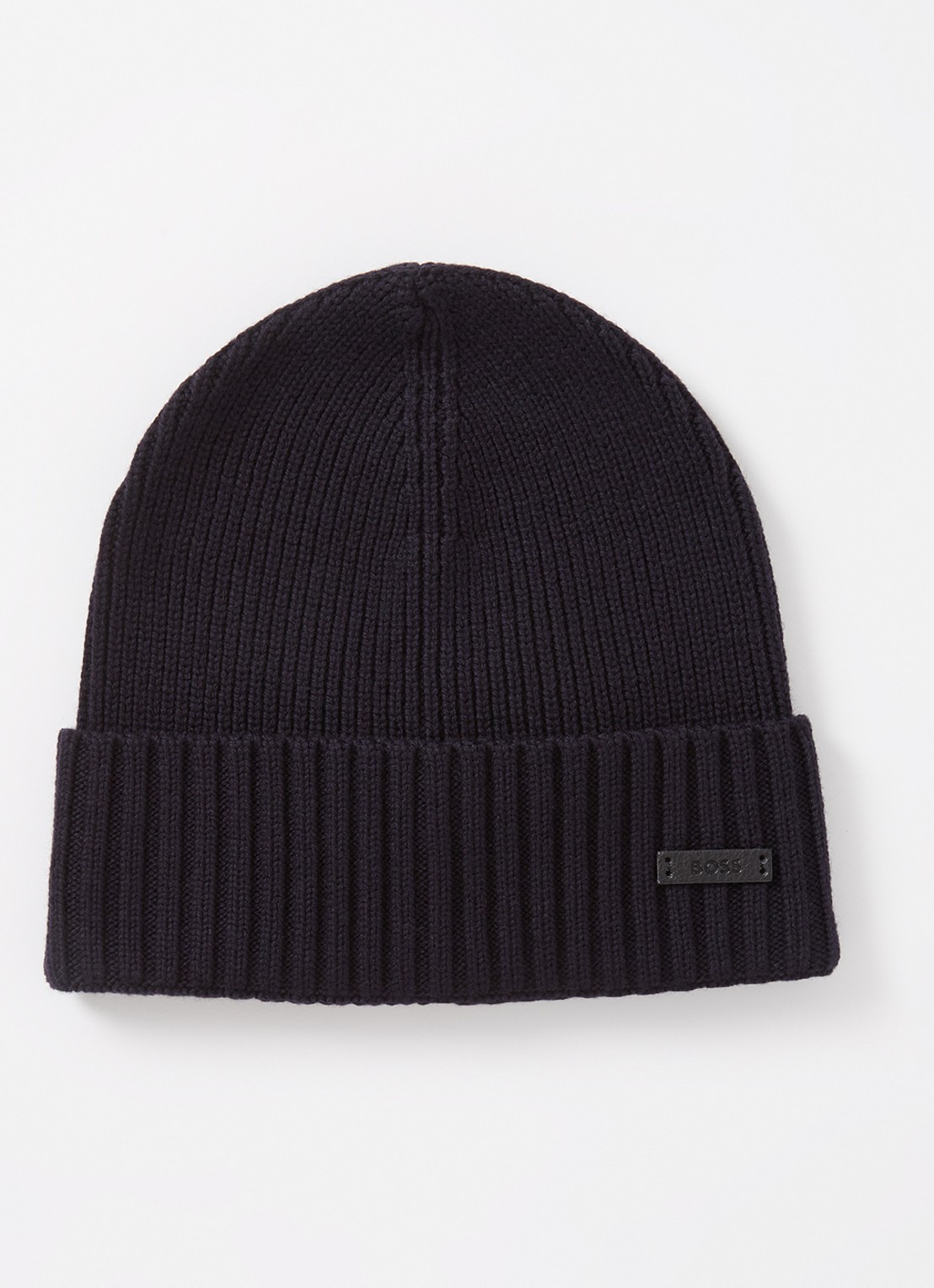 BOSS Fati ribgebreide muts van wol met logo - voorkant donkerblauw