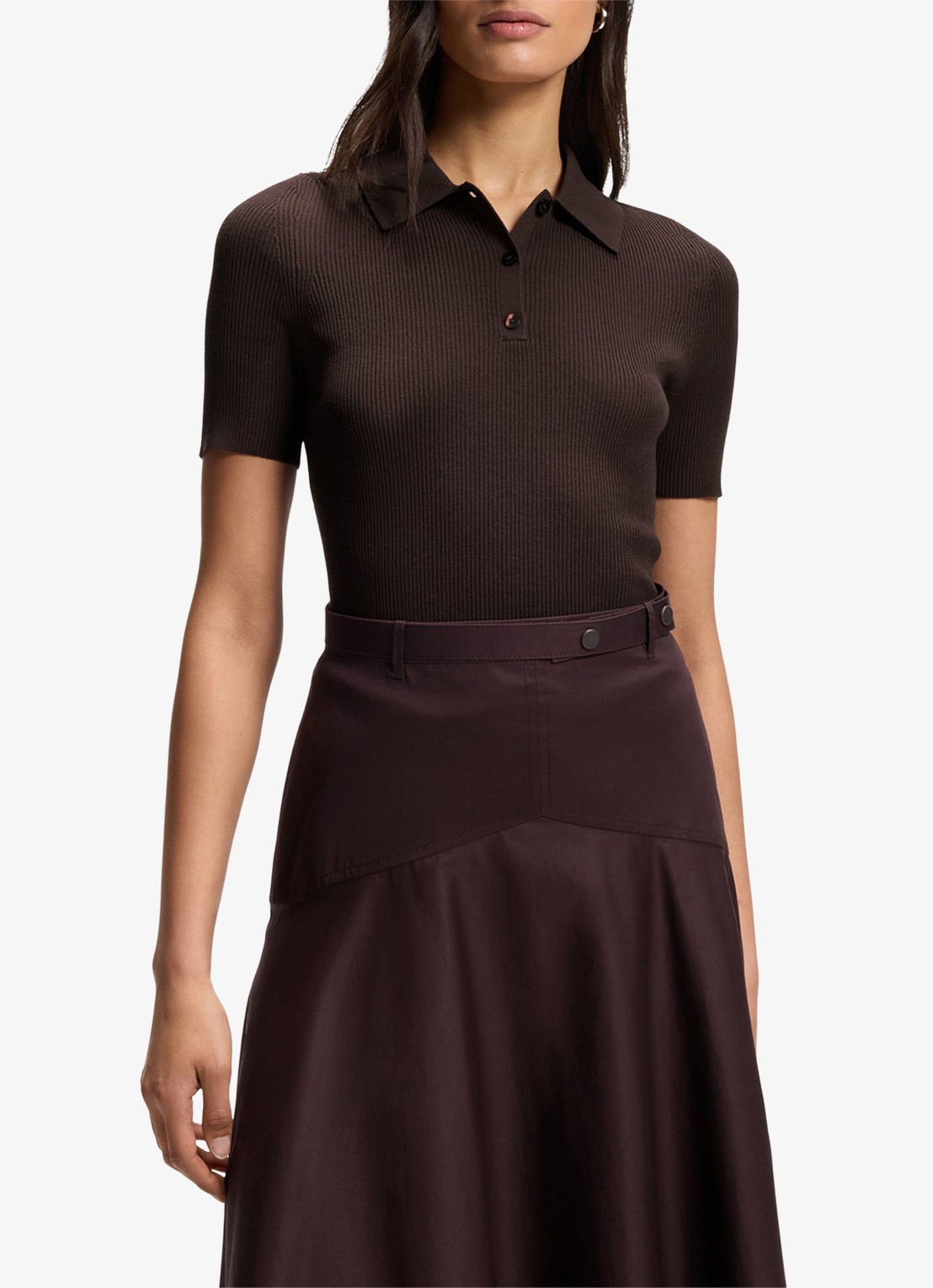 BOSS Feskus ribgebreide polo met logostiksel - detail 3 dark brown-207 / bruin