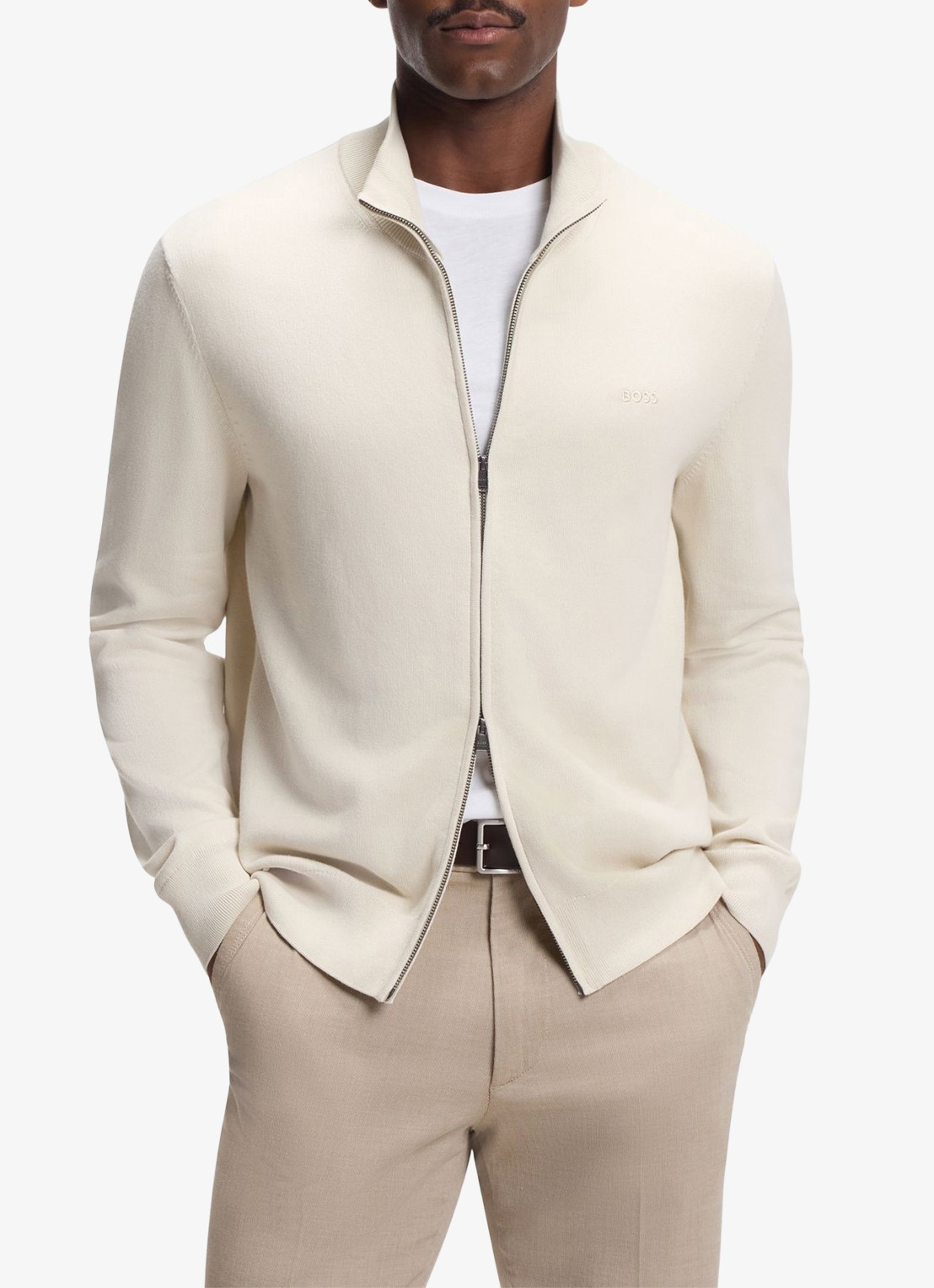 BOSS Fijngebreid vest met logo - detail creme