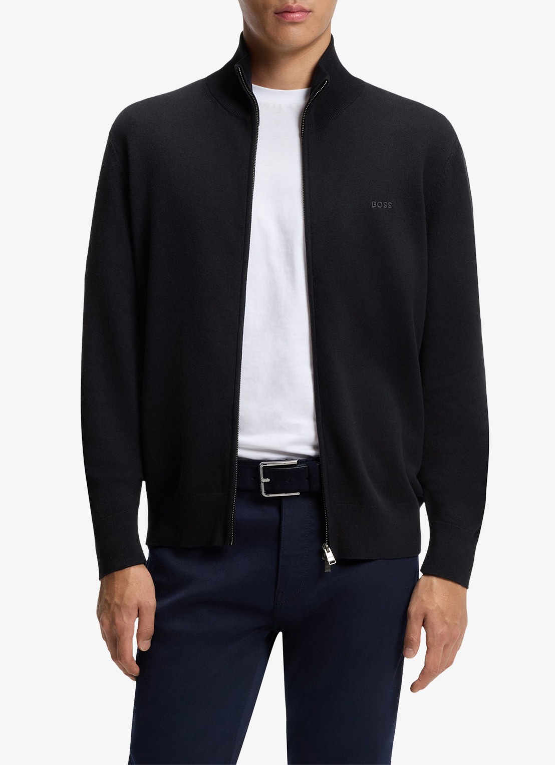 BOSS Fijngebreid vest met logo - detail donkerblauw